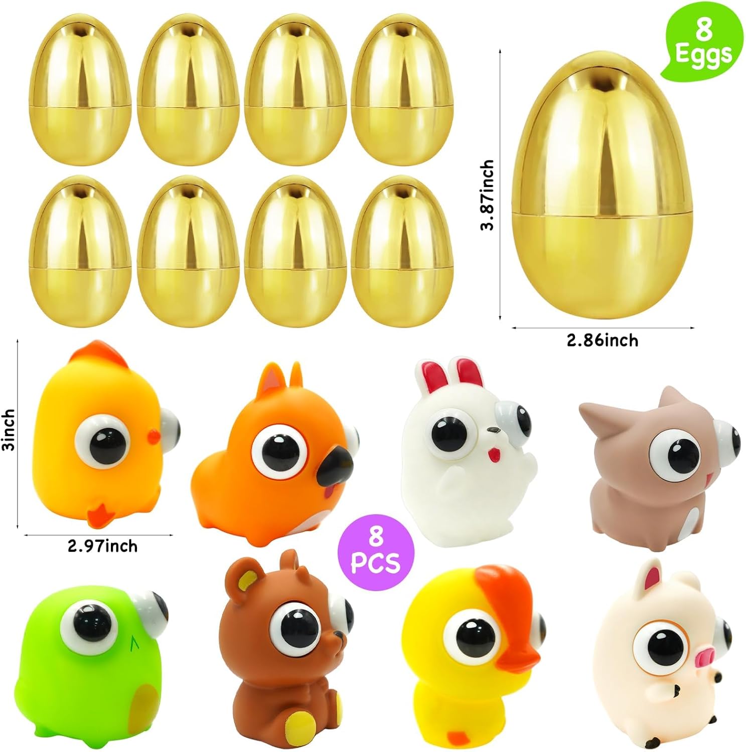 8 Pack Jumbo Surprise Golden Easter Egg Filled with Eye-pop Fidget Toys, Large Easter Eggs with Toys Inside Easter Basket Stuffers Fillers Easter Egg Hunts Party Favor for Kids Boys Girls Toddler Teen