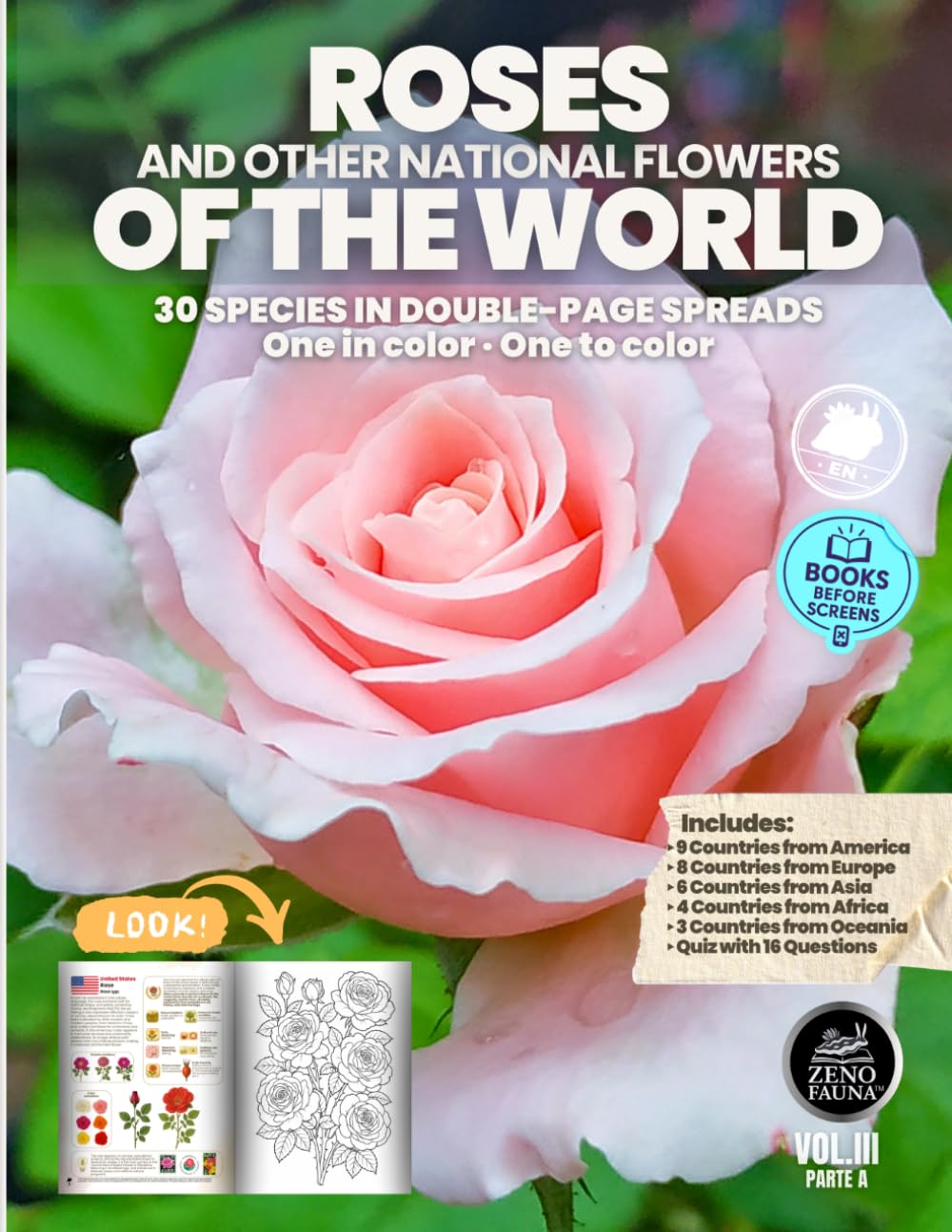 Roses and Other National Flowers of the World: 30 National Flowers in Double-Page Spreads — One in Color, One to Color