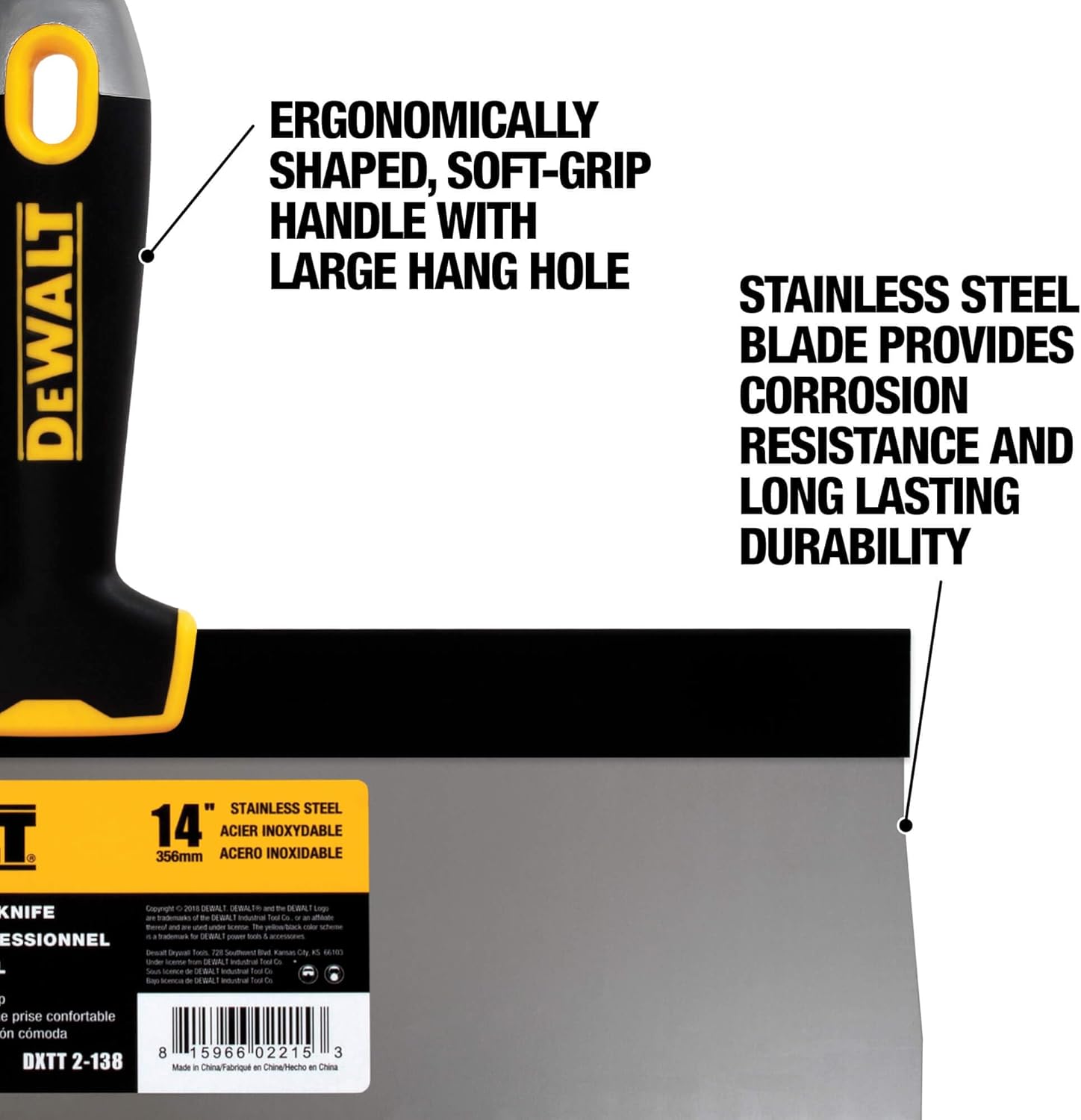 DEWALT 14" Taping Knife | Stainless Steel w/Soft Grip Handle | DXTT-2-138
