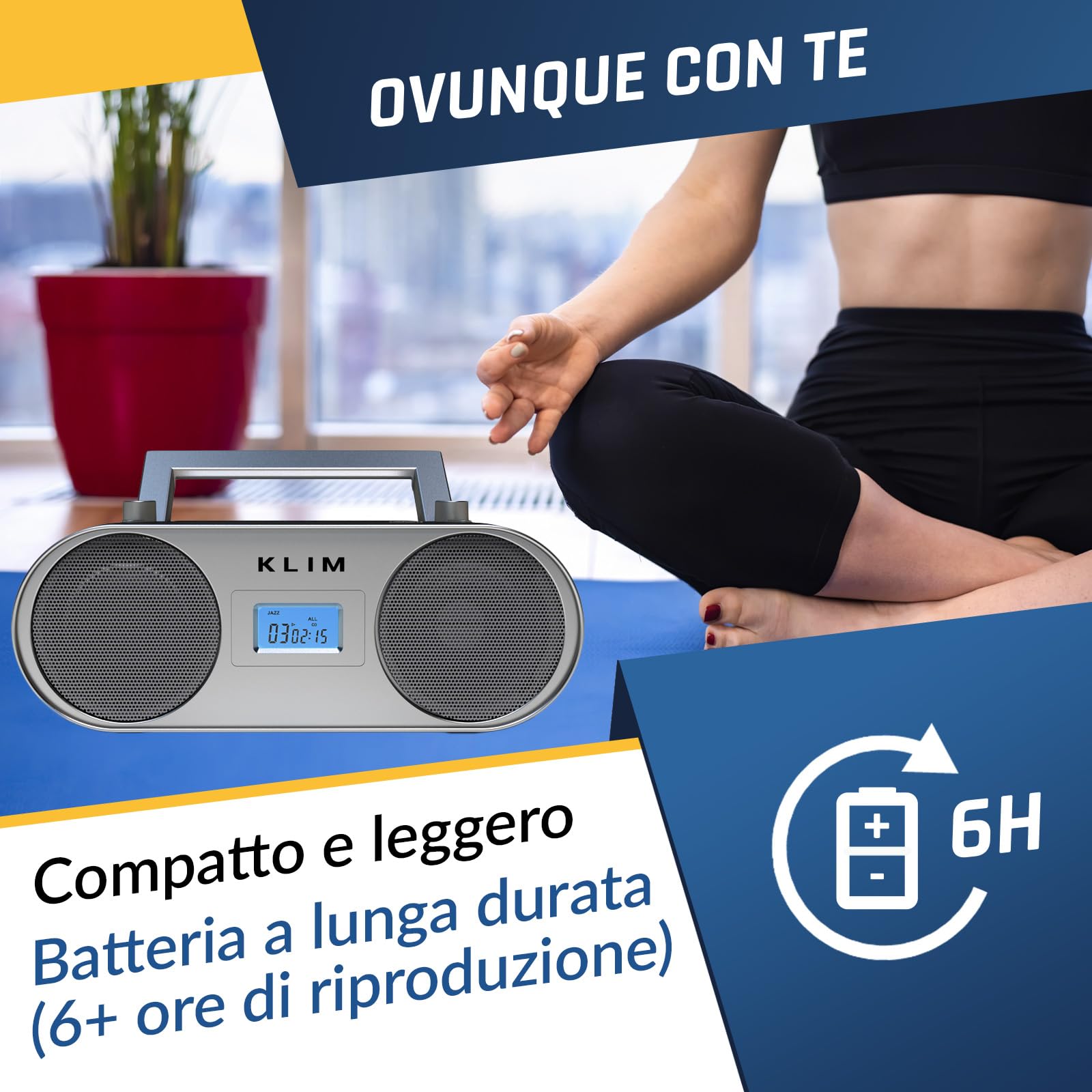 Boombox B4 Lettore CD Stereo, Bluetooth, AUX, AM FM Radio con e USB | Filo o Wireless, Batteria Ricaricabile, Telecomando, Standby Automatico, Eq Digitale, Non Fermare la Musica - Argento