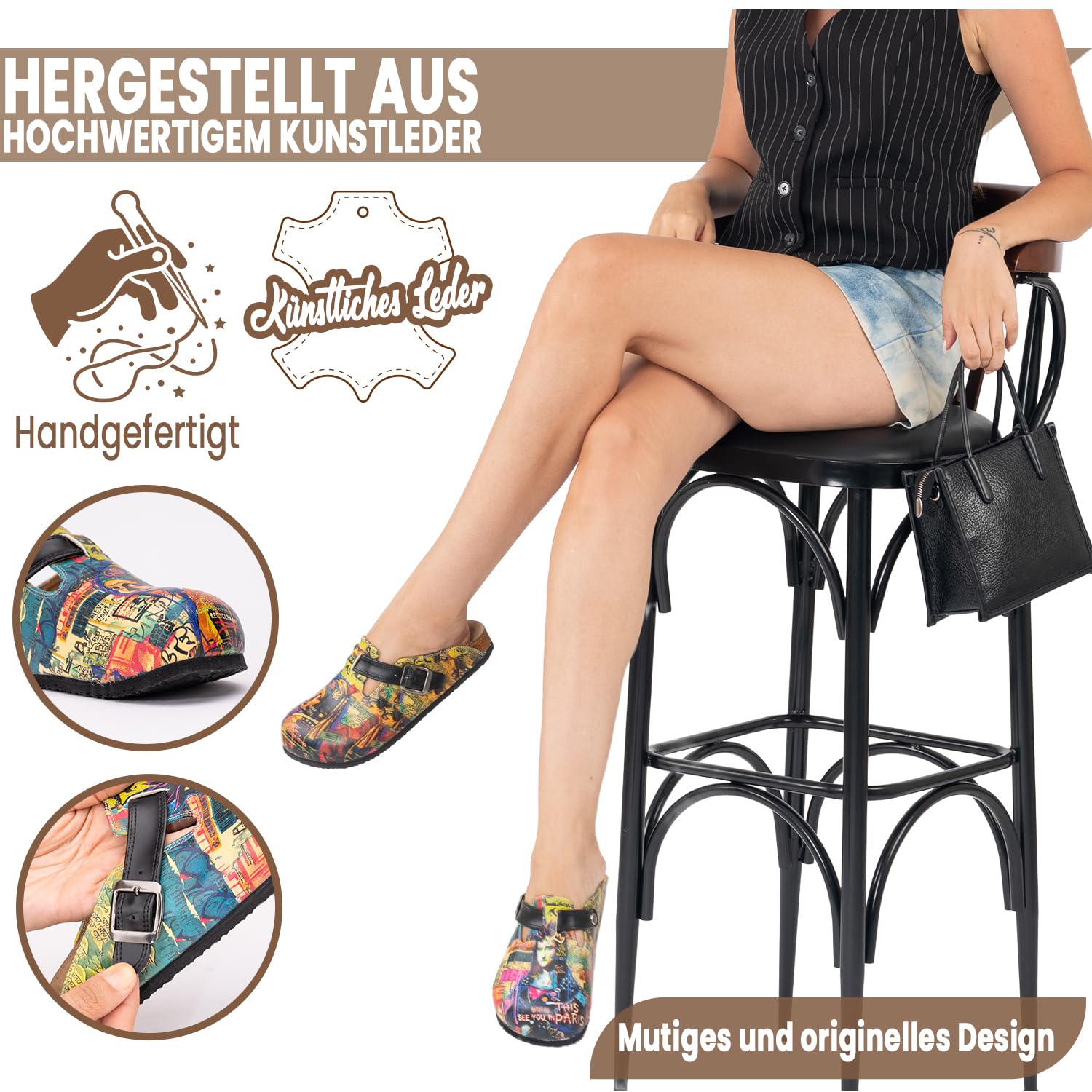 GOBY Clogs Hausschuhe Damen | Handgefertigte Premium Clogs mit Buntem Print – Bequeme & leichte Pantoletten Damen aus hochwertigem Imitationsleder mit Eva-Sohle [ Test SEHR GUT, Note 1.1 *]