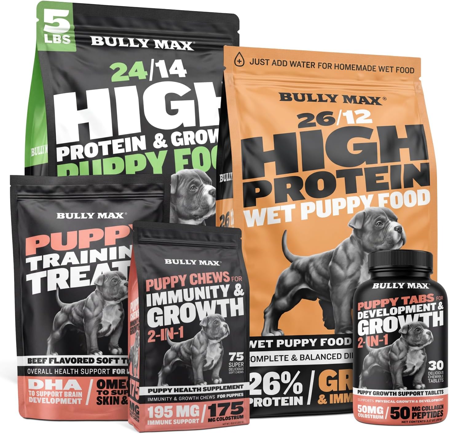 Bully Max Puppy Essentials Bundle High-Protein Dry & Wet Food, Chews & Tabs
