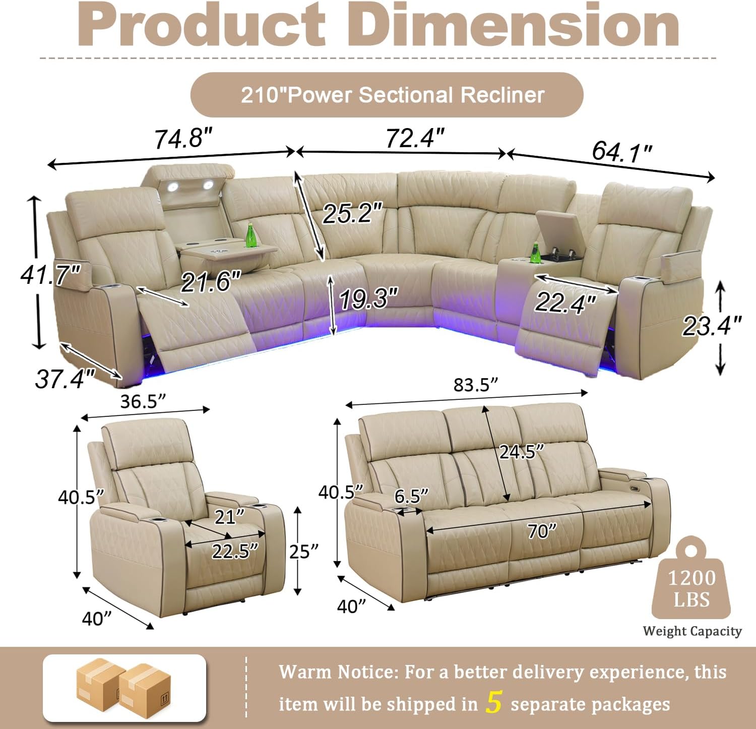 Beige Leather Power Recliner Sectional Sofa Set with LED Light,L-Shaped Reclining Couch with USB Port,Leather Couch with Cup Holder/Storage for Living Room/Home Theater(Sectional+Sofa+Chair)