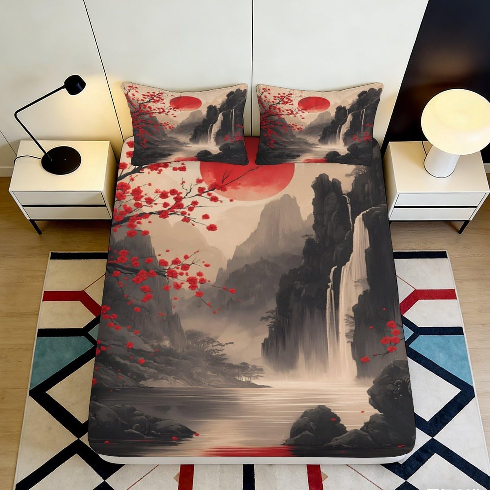 3D Printed Chinese Ink Landscape Fitted Sheet Microfiber Red Sun Mountain Mattress Cover Bedroom Decor 90x200x25cm