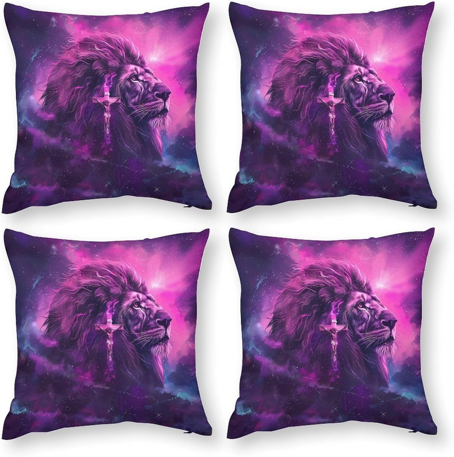 Lion with Crosses Printed Throw Pillow Case 4 Pcs Soft Pillowcases Pillows Covers Sofa Bed Decor 12/14/16/17/18/20/22/24/32 Inches