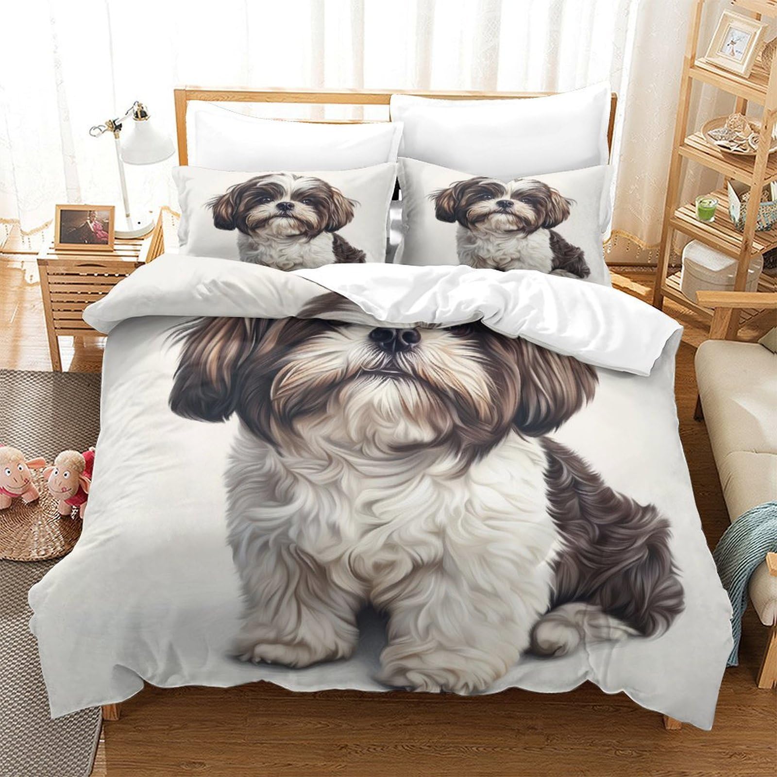 SkyClouf Shih Tzu Three-dimensional Printing Bedding Bedding Ensemble Shih Tzu Quilt Cover Ultra-fine Fiber Encased with Zipper Plush And Low-maintenance King（220x240cm）