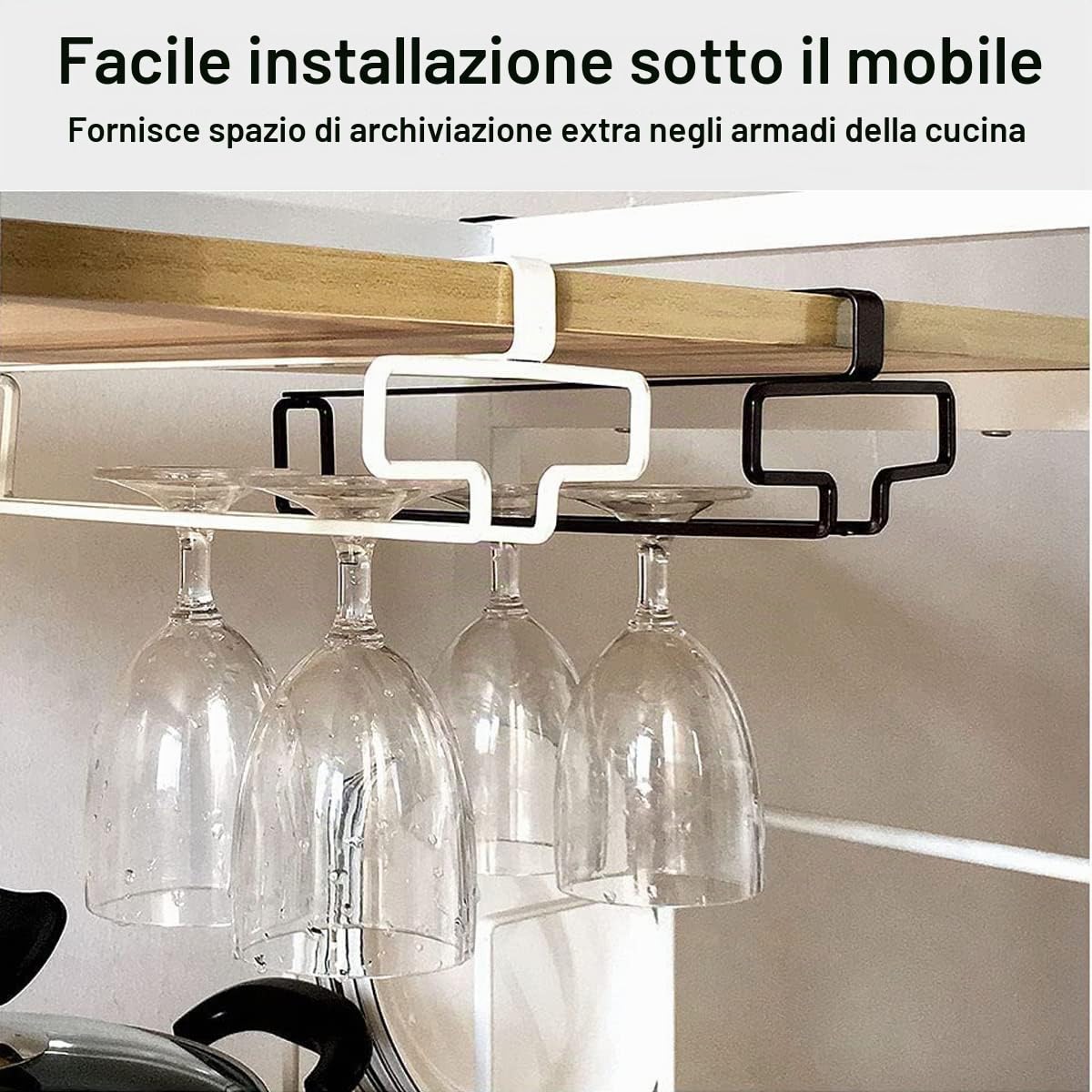 4 Pezzi Porta Bicchieri da Vino Sospeso Supporto per Calici di Vino Sottopensile Rack per Calici Senza Foratura Scolabicchieri Vino in Metallo per Bar Ristorante Cucina (Bianco)