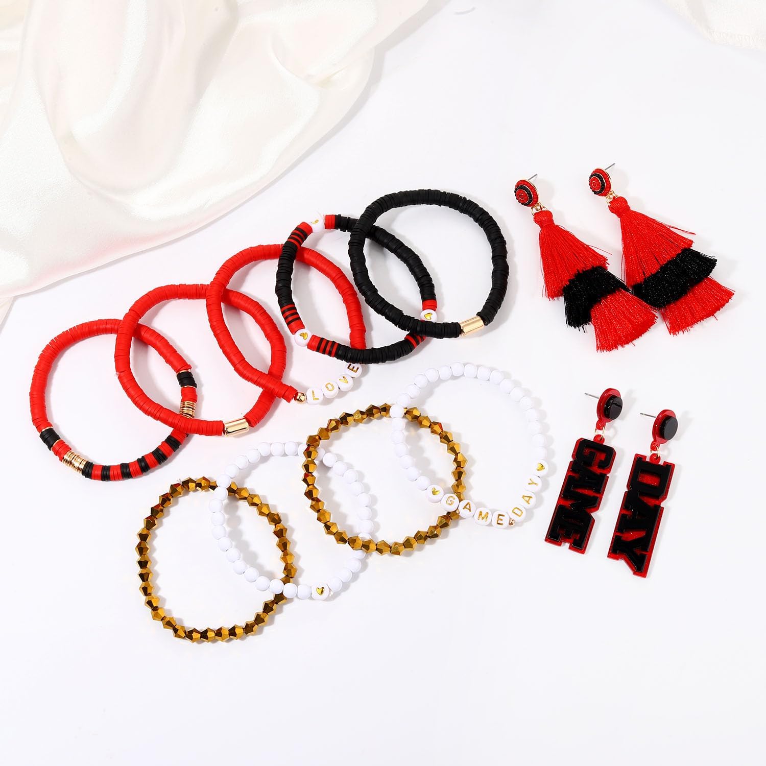 boderier 9PCS Game Day Bracelets Stackable Heishi Beaded Stretchy Bracelets LOVE GAME DAY Football Team Jewelry Sports Fan Bracelets Earrings Accessories Gifts