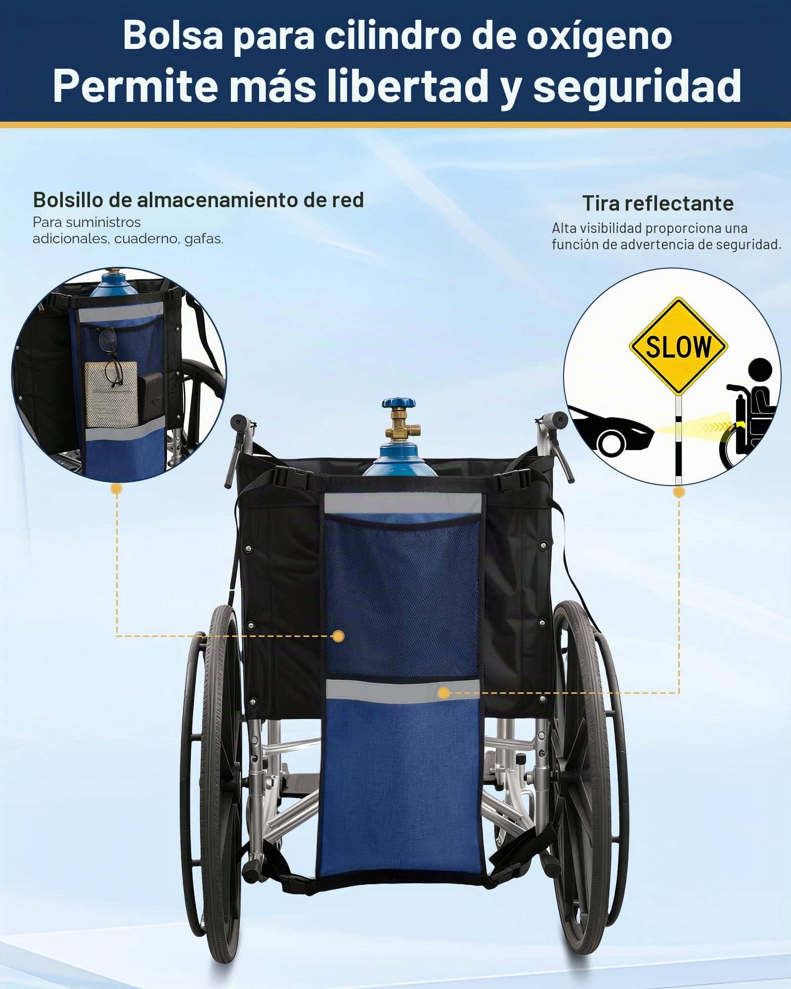 Portable Oxygen Cylinder Bag Für Rollstühle (Blau, Einzelpackung) Soporte de Tanque de Oxígeno para Silla de Ruedas y Andador, Tiras Reflectantes de Seguridad, Soporte Doble Ajustable