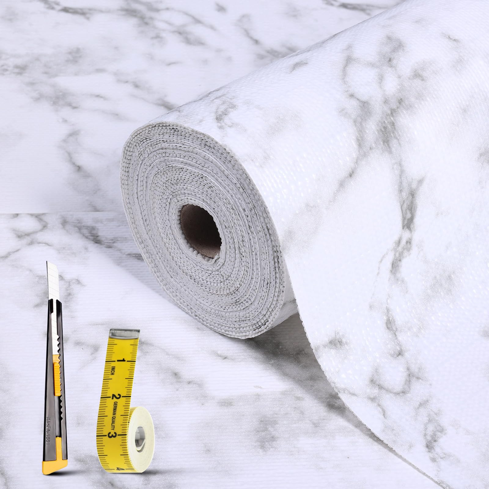 Drawer and Shelf Liner for Kitchen Cabinet: 23.6 in X 40 Ft Non Slip Waterproof Shelf Paper Non Adhesive Refrigerator Liners White Marble Easy Liners for Bathroom with Knife Tape Measure