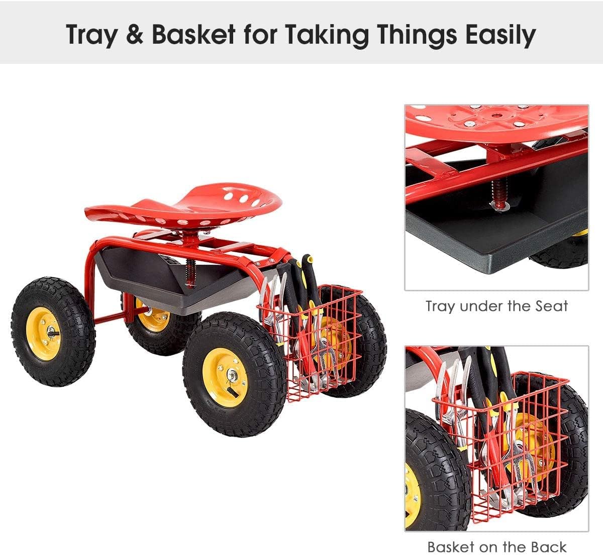 S AFSTAR Rolling Garden Seat, Outdoor Lawn Yard Patio Work Seat with Heavy Duty Wheels, Swivel Seat, Tool Tray & Basket, Garden Cart Wagon Scooter (Red)