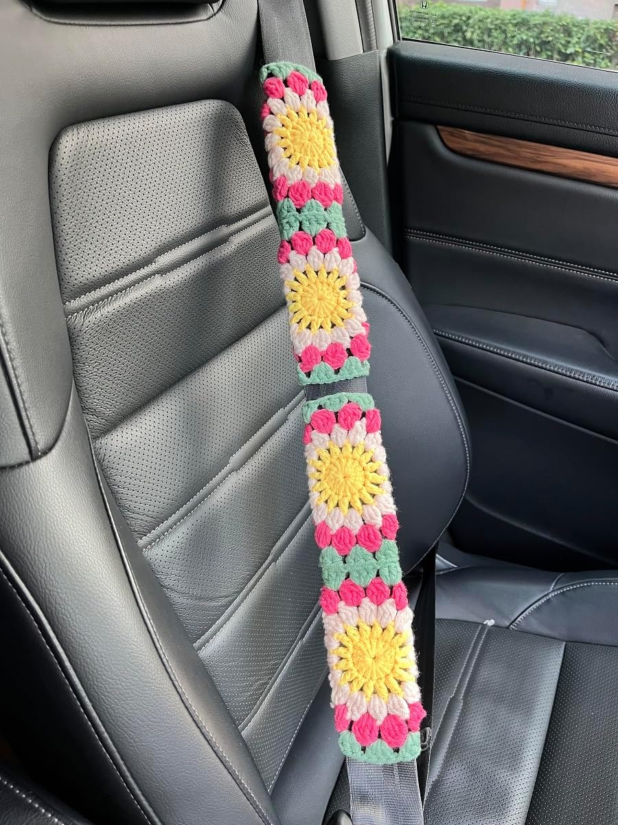 Crochet Sunflower Car Steering Wheel Covers Universal 14-15 inch for Women/Men (B:Wheel Cover+2 Belt Cover)
