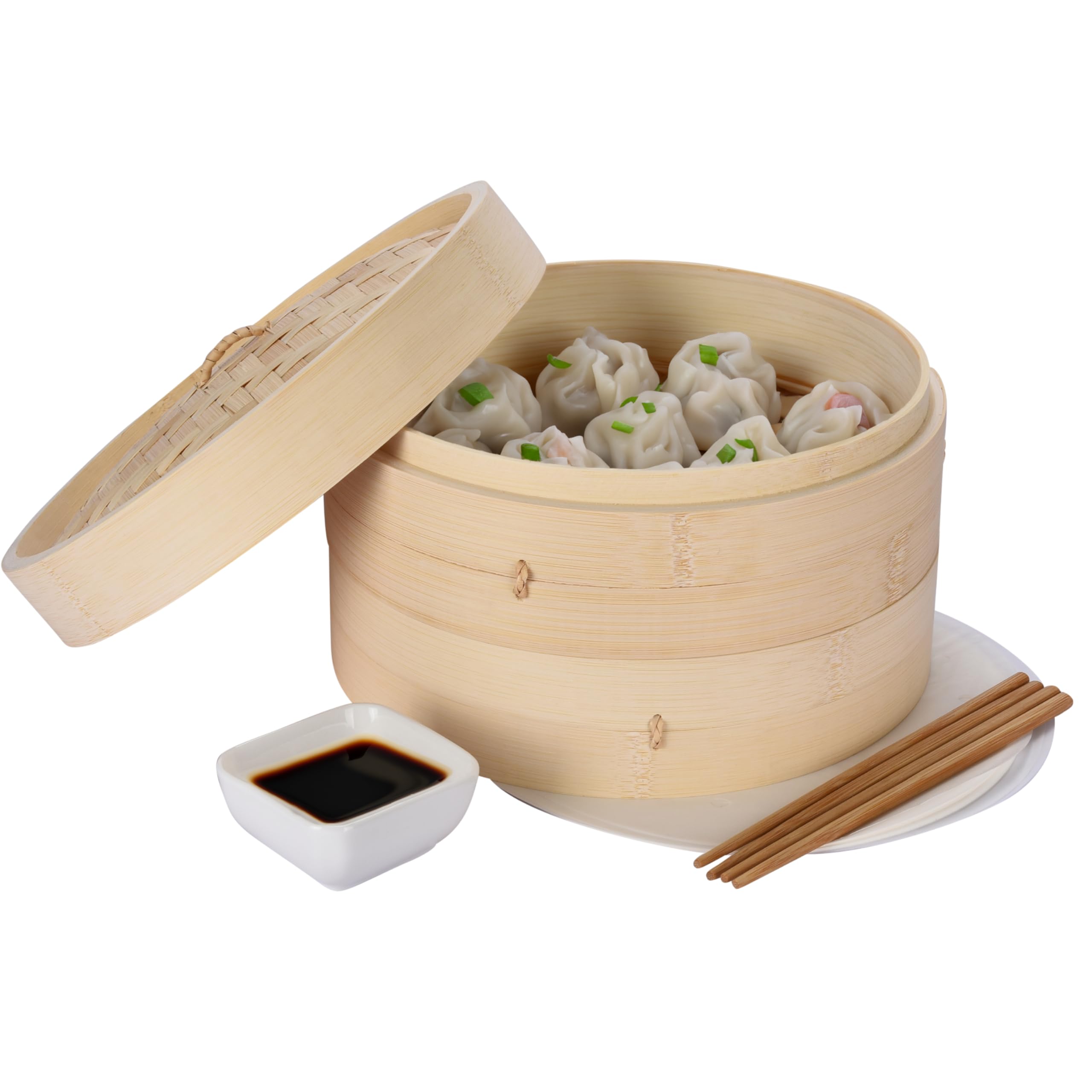 Bambus-Dampfkorb Set – 25,4 Cm 2-stöckig, Inkl. Dampfring, Teigtaschenformer, Essstäbchen & Mehr