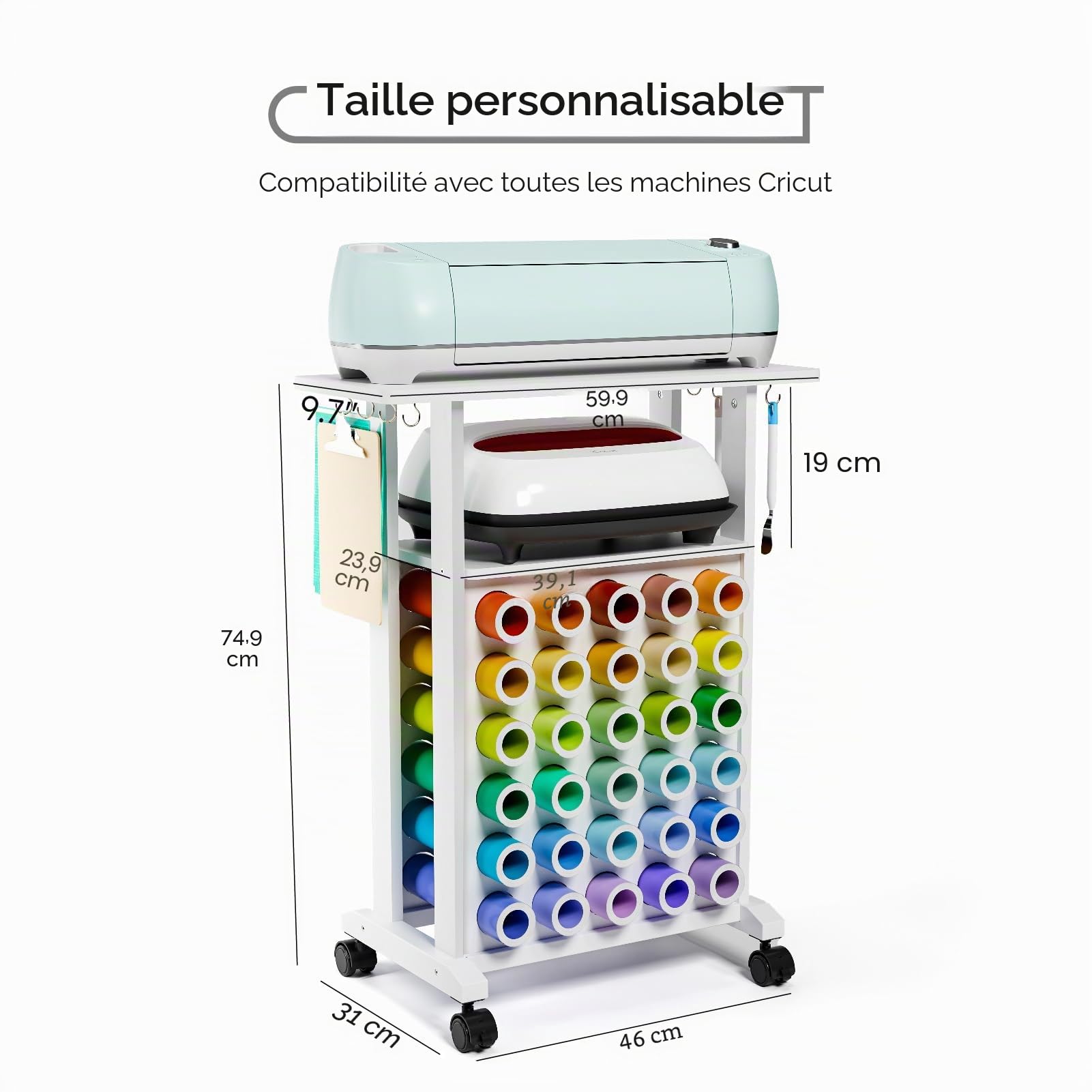 Crafit Organisateurs et rangements compatibles avec les machines Cricut, chariot de rangement pour artisanat à roulettes avec 30 porte-rouleaux de vinyle, poste de travail d'organisation