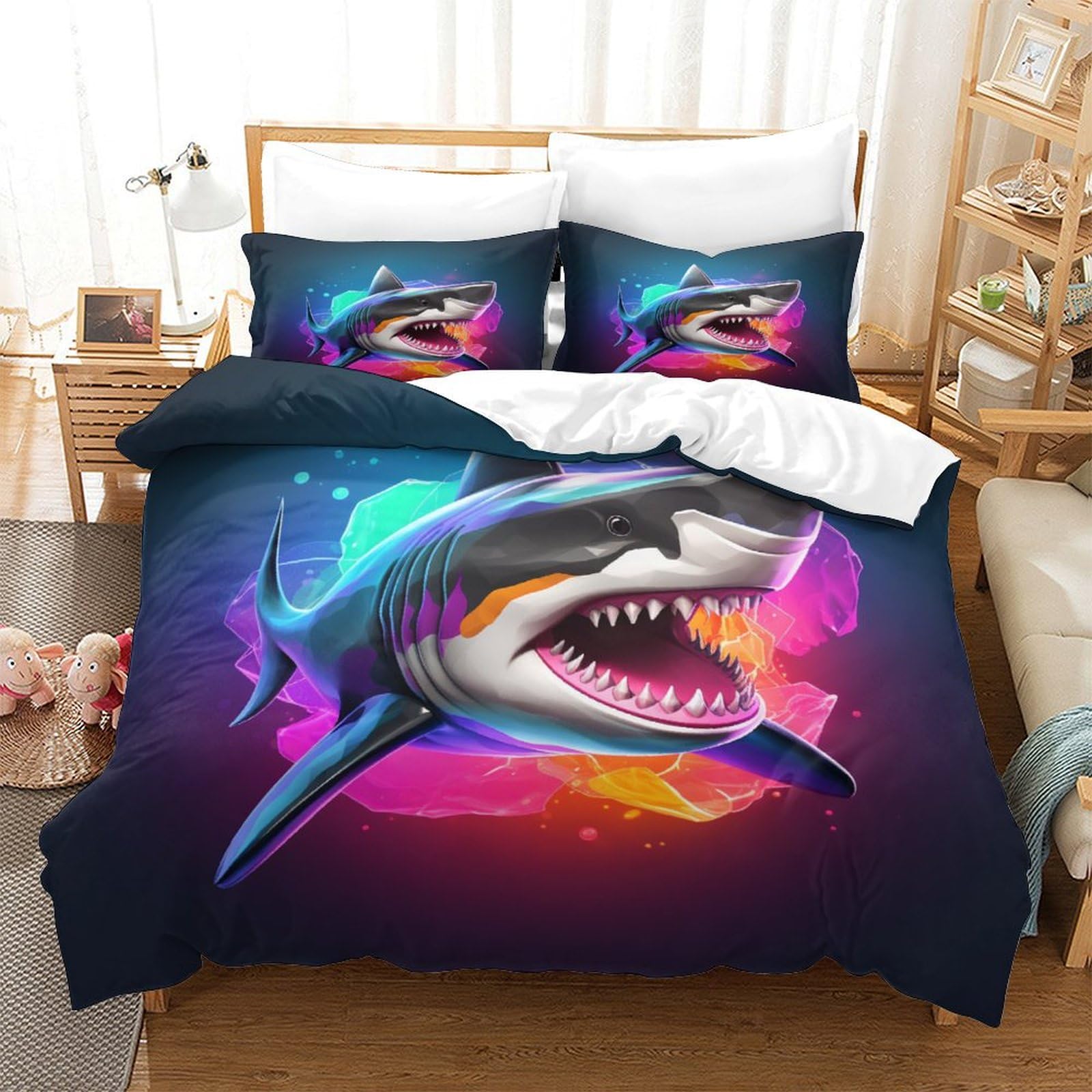 Parure de lit 3d requins housse couette 260x220 microfibre taie d'oreiller
