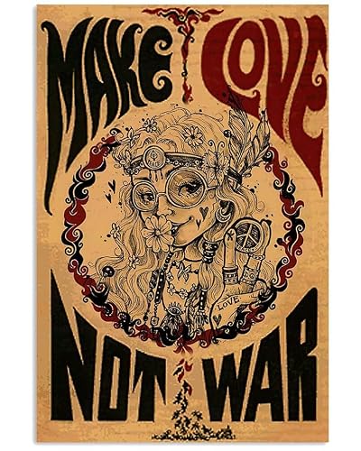 Yelacecca Hippie Make Love Not War Girl Flowers For Home Cafe Bar Garage Metal Sign 8X12 Inches