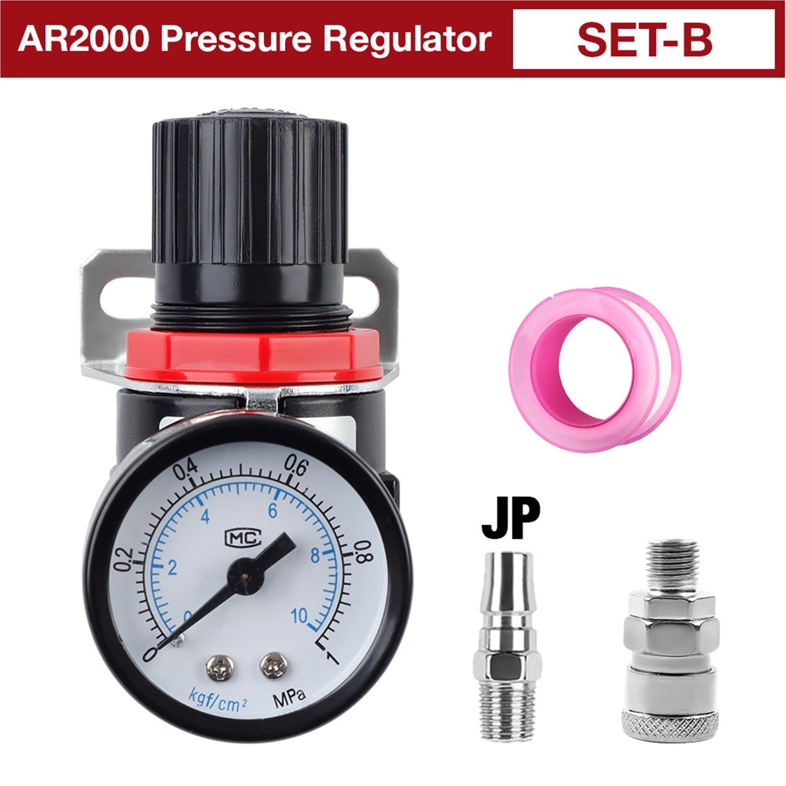 Regolatore di pressione AR2000 da 1 pezzo, regolazione di precisione 0-1 MPa con manometro, interfaccia JP con filettatura da 1/4", accessori for utensili pneumatici(SET-B)