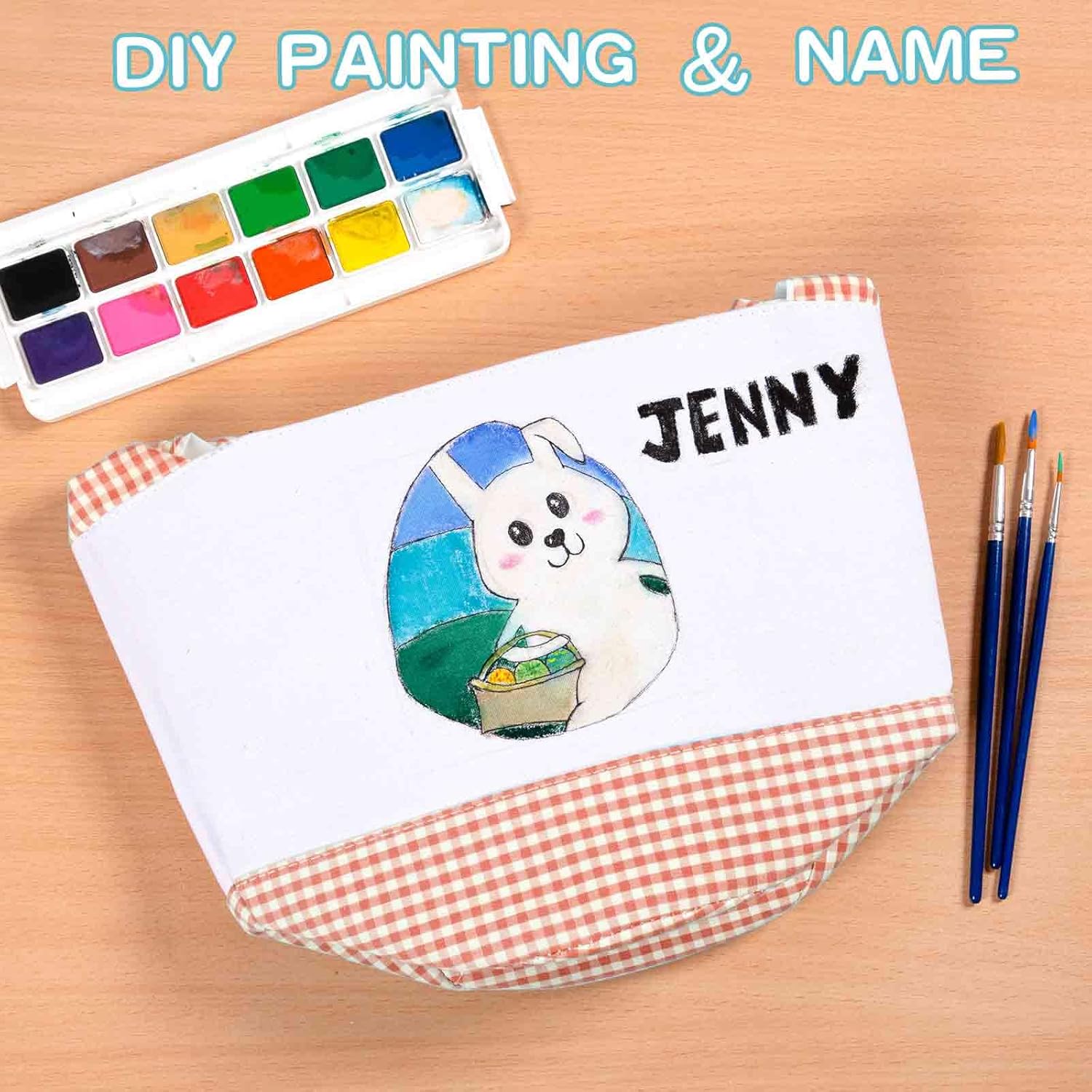 2 Pack Easter Basket set for Kids, Large Canvas Bunny Bag with Carrot Card & Letters Stickers for Egg Hunt with Adjustable Rabbit Ear Handle for Baby Boy Girl Toddler, Green Orange