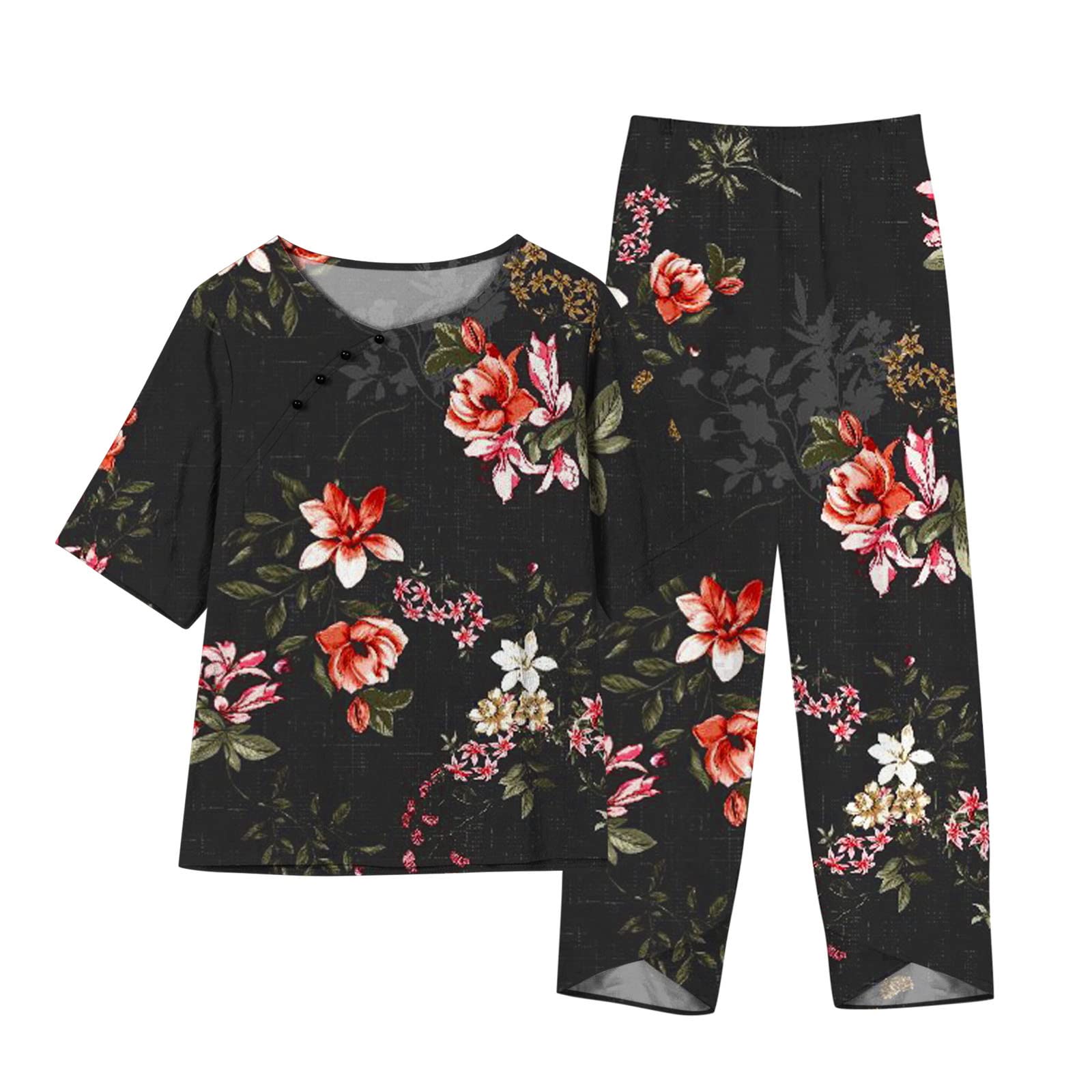 Womens Workout Sets Summer Print Short Sleeve Top with Pant Casual Cotton Linen Tracksuit Comfy Loose Lounge Set