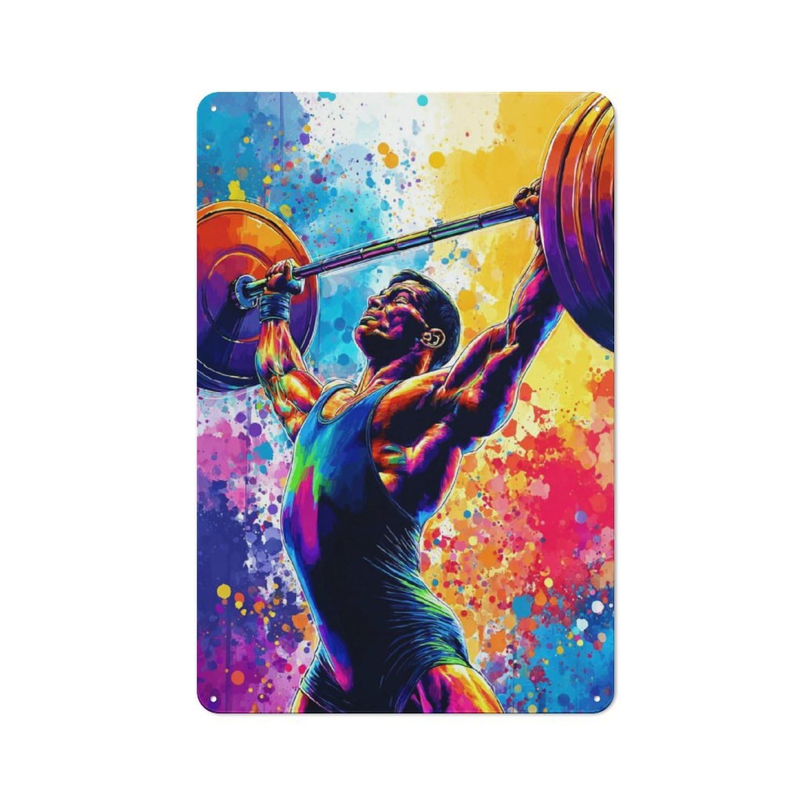 Junmoney Colorful Weightlifter In Action Rustic Tin Wall Plaque 30X20cm Featuring For Pub Or Café, A Decorative Christmas Gift For Café Interior Fans