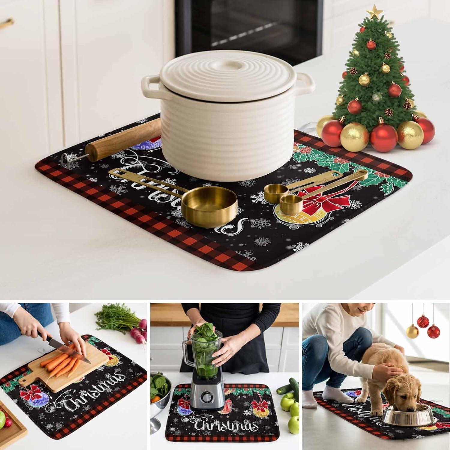 Christmas Winter Snowflake Ball Dish Drying Mats for Kitchen Counter,Absorbent Microfiber Dish Drainer Rack Mat Farm Holly Berry on Black and Buffalo Drying Pad for Sinks,Utensils,Countertops,18x24in