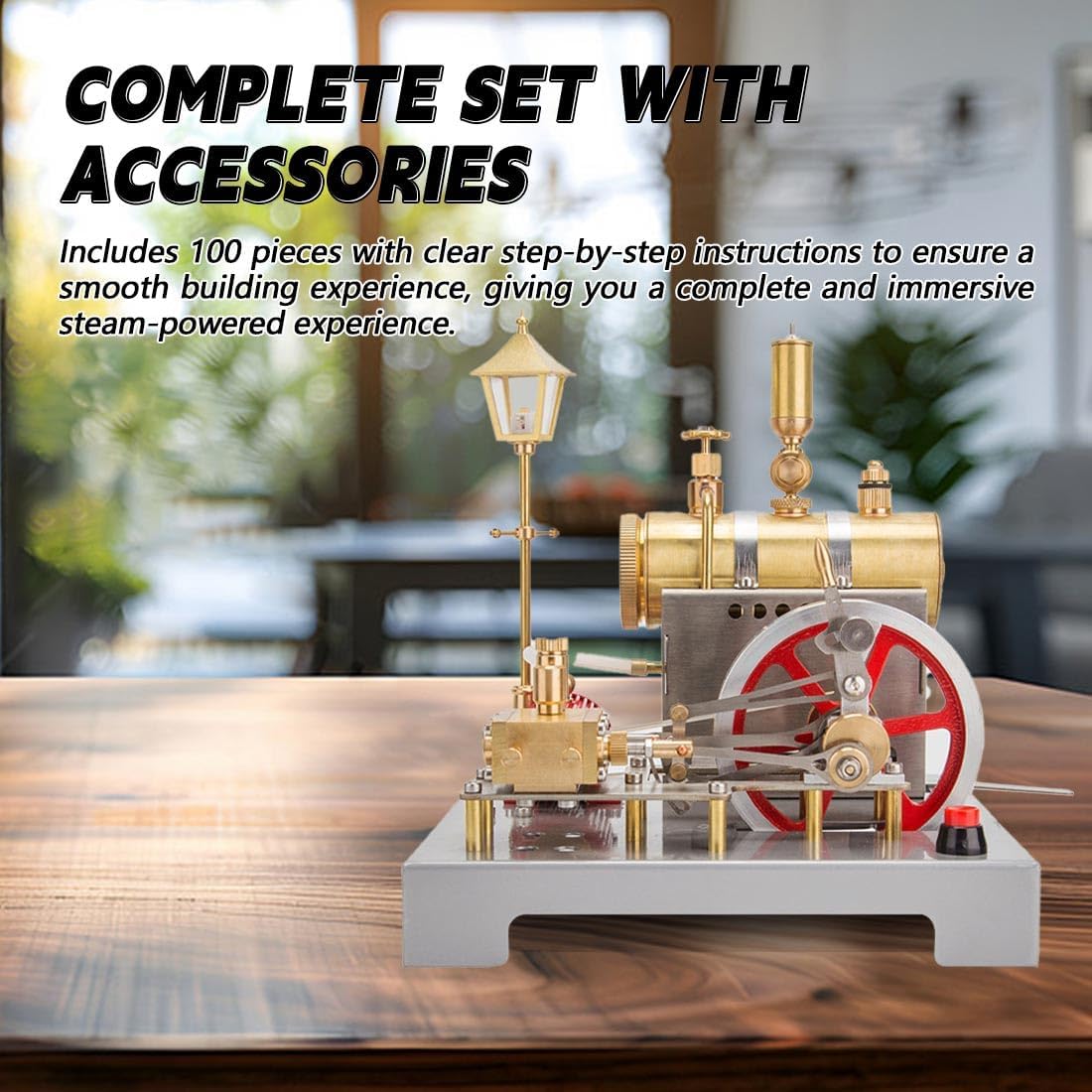 Steam Engine Model That Works with Generator and Street Lamp Kit, SE-02 Full Metal Reversible Horizontal Stationary Steam Engine Model Kit with Centrifugal Regulator (100PCS)