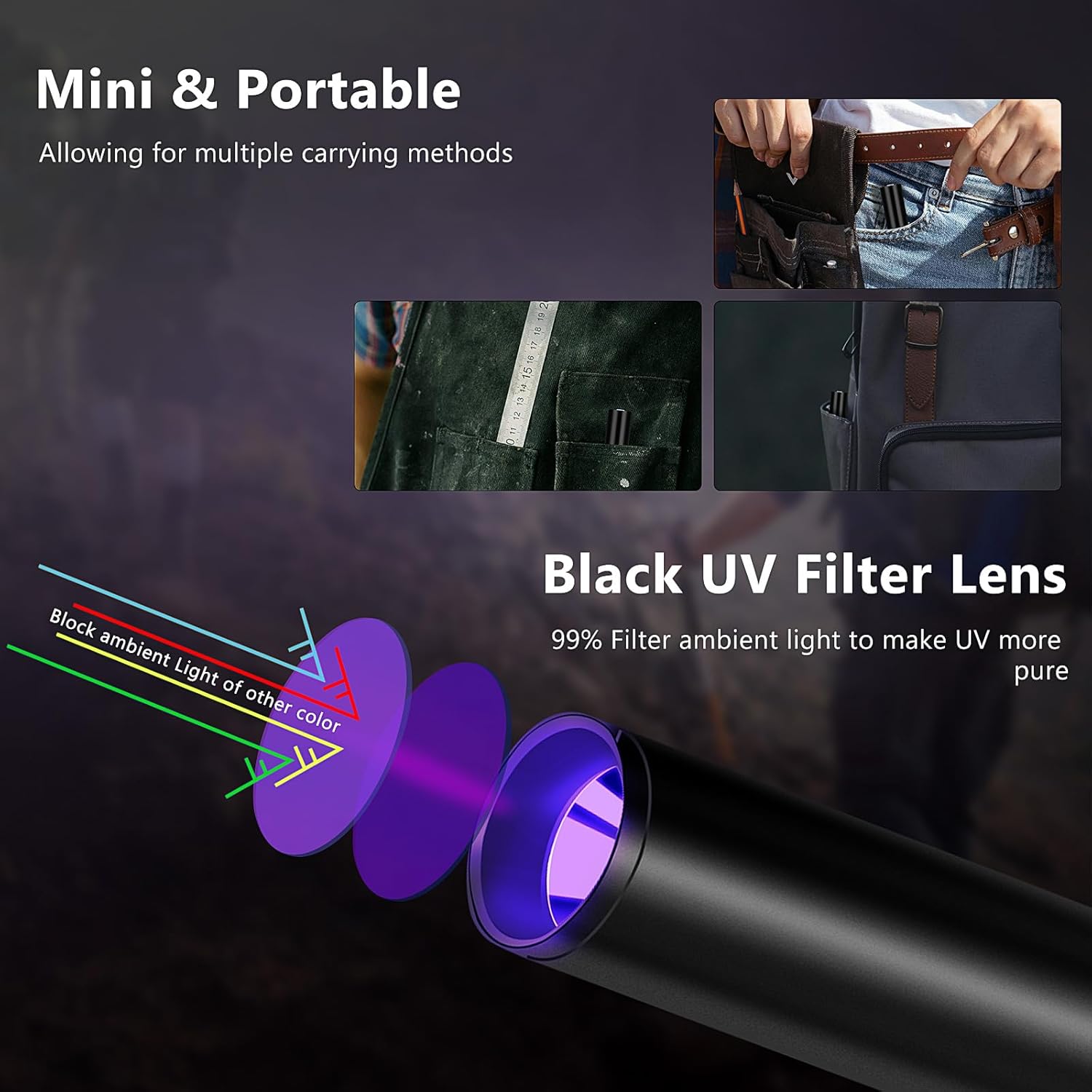 UV Flashlight 365nm & 395nm uv Light, Mini Powerful Rechargeable Black Light, Type-C LED Ultraviolet Flashlights Pet Urine Detector light for Resin Curing,Uranium Glass, Rocks,Scorpion, 4 Pack