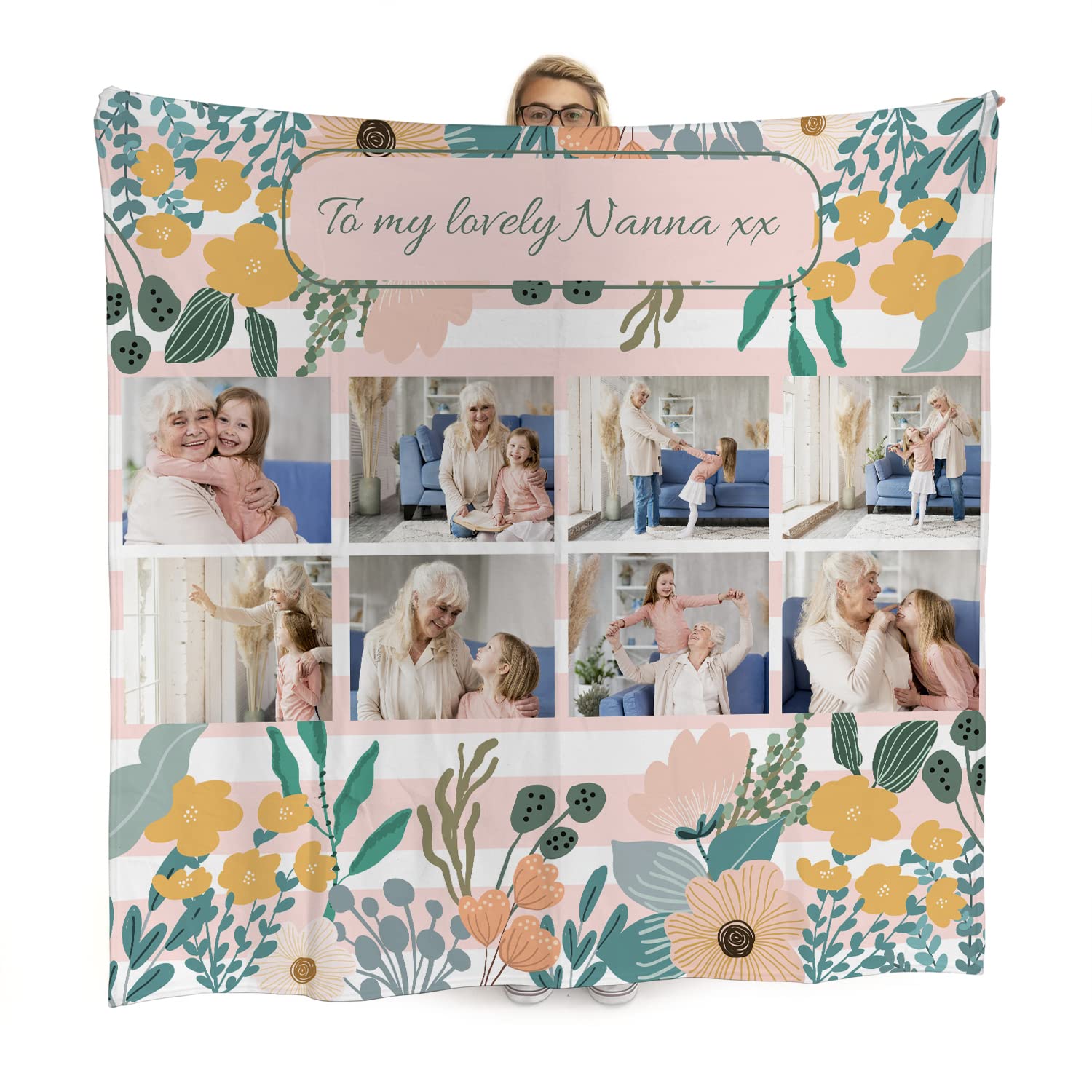 Personalised 8 Photo Blanket Floral Design Luxury Fleece Throw | Custom Picture Collage Blanket Photo Gift | 150cm x 150cm Large Mothers Day Blanket - Made in England