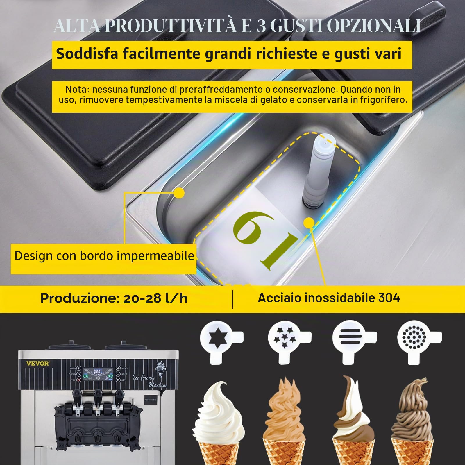 VEVOR Macchina per gelato commerciale da 5,3 a 7,4 galloni all'ora per servire morbido con display a LED Auto Clean 3 sapori perfetta per ristoranti snack bar, 2200 W, argento