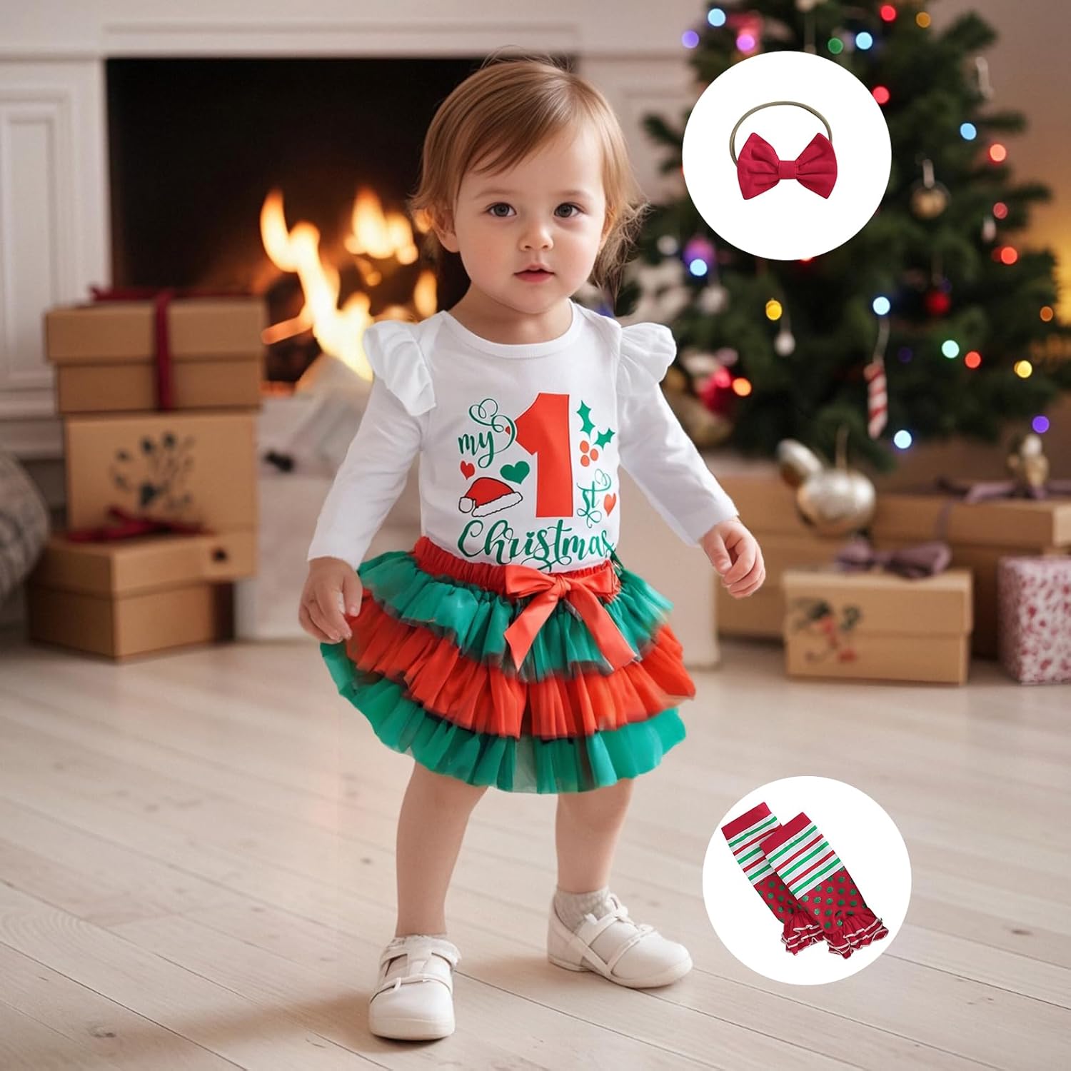 My First Christmas Baby Girl Outfit Newborn Ruffle Long Sleeve Romper Tutu Skirt Leg Warmers Headband 4Pcs Sets - Image 3