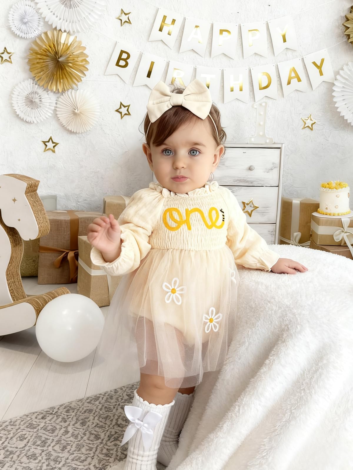 Miipat Bambina 1 ° Compleanno Abito Tulle Manica Lunga Neonata Romper Torta Smash Vestito Bimba Primo Compleanno Fotografia Vestiti Abbigliamento con Fascia Testa e Calzini