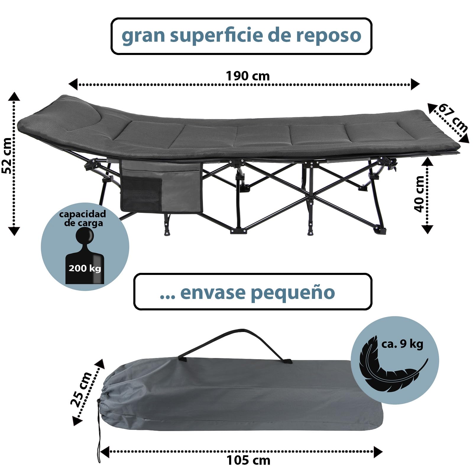ALPIDEX Cama Camping hasta 200 kg Bolsillo Lateral Cómodo Acolchado Suave Invitados Plegable Tumbona Jardín Playa Viajar