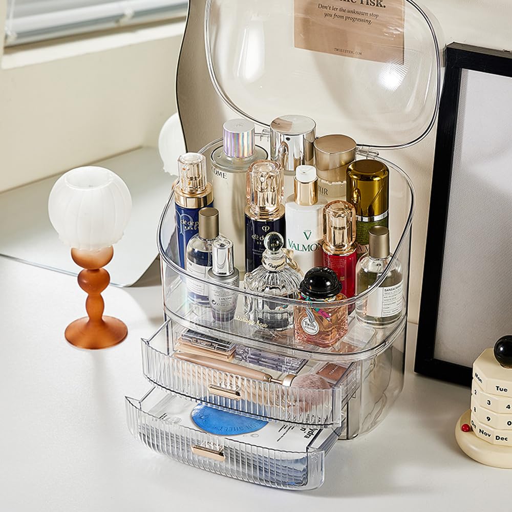 NUODWELL Transparenter Makeup Organizer Aufbewahrungsbox, Kosmetik Organizer mit klarem Deckel und Schubladen, Hautpflege Organizer für Schminktisch, Schlafzimmer, Badezimmer (Transparenz)