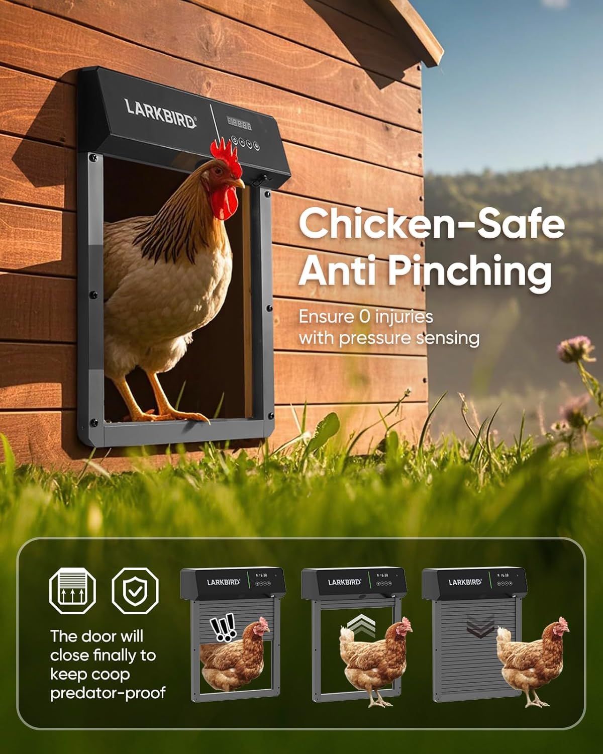 LARKBIRD Automatic Chicken Coop Door with Audio Recall Function, Solar Chicken Coop Door with Timer & Light Sensor, App Control Chicken Door with Anti-Pinch System (Gray)