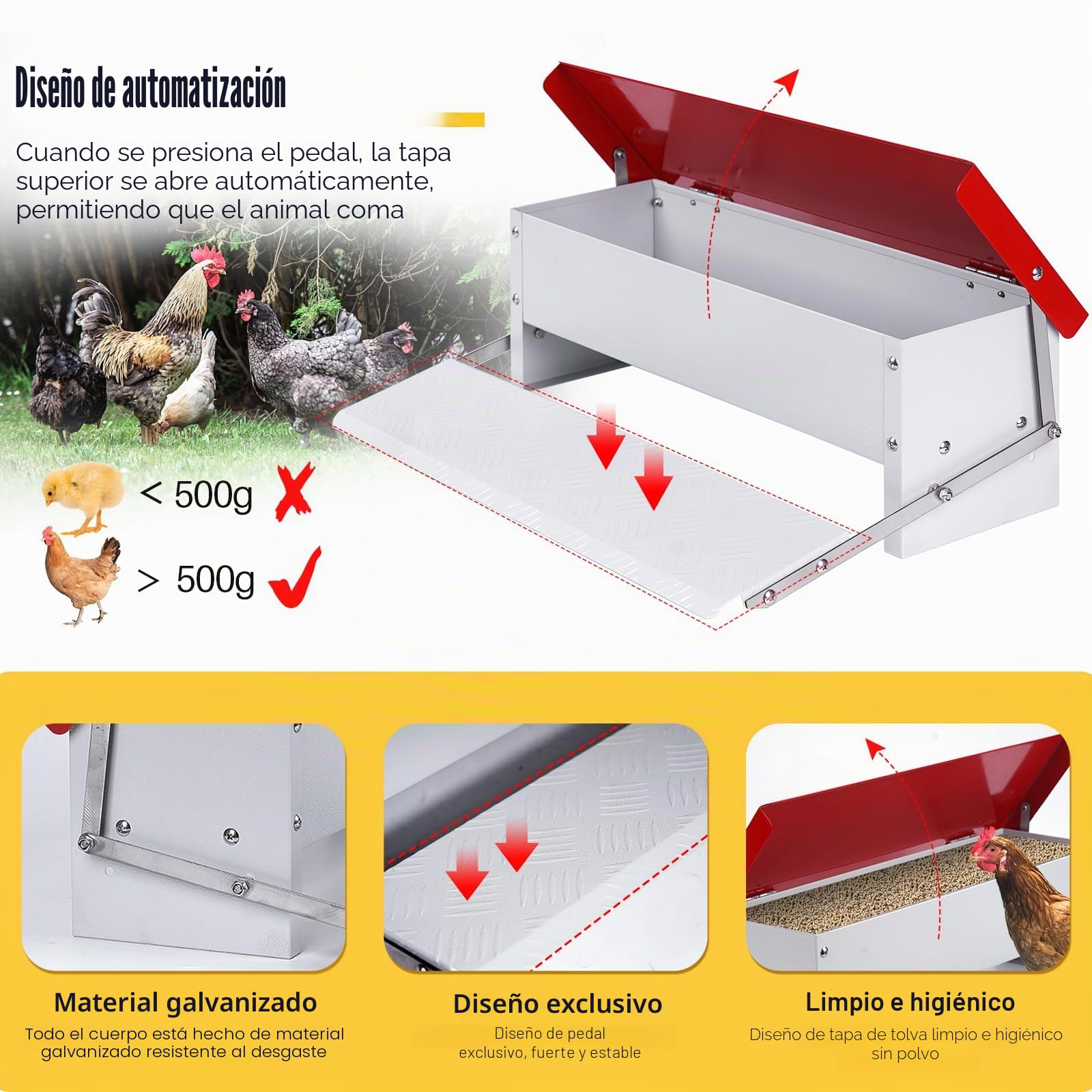 Comedero Automático Para Pollos, Comedero Gallinas Dispensador-Capacidad 5 Kg- Comedero a Prueba de Lluvia Para Pollos, Pavos, Gansos, Patos, Comedero de Pedal