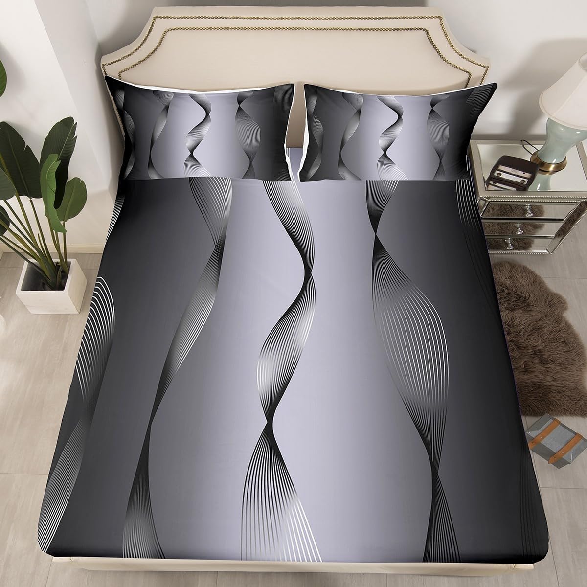 Erosebridal グラディエント ブラックとグレーがかった白 シーツセット フル、シルバー箔プリント ウェーブ ストライプ シ