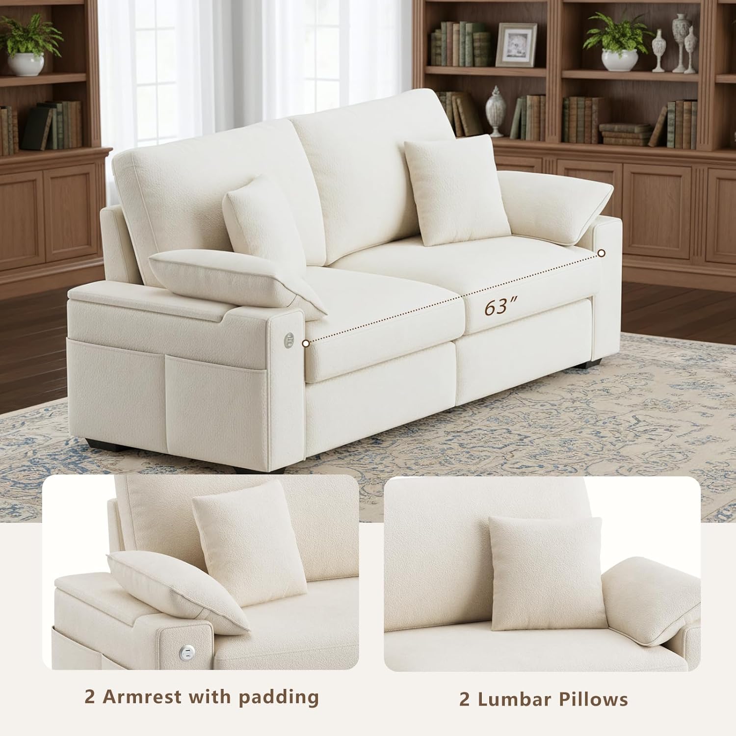 89" Modern Sofas for Living Room, Comfy Sofa with Deep Seat Couch, USB/Type-C Port, Side Storage, Removable Cover, Couches for Living Room, Apartment, Beige - Image 5