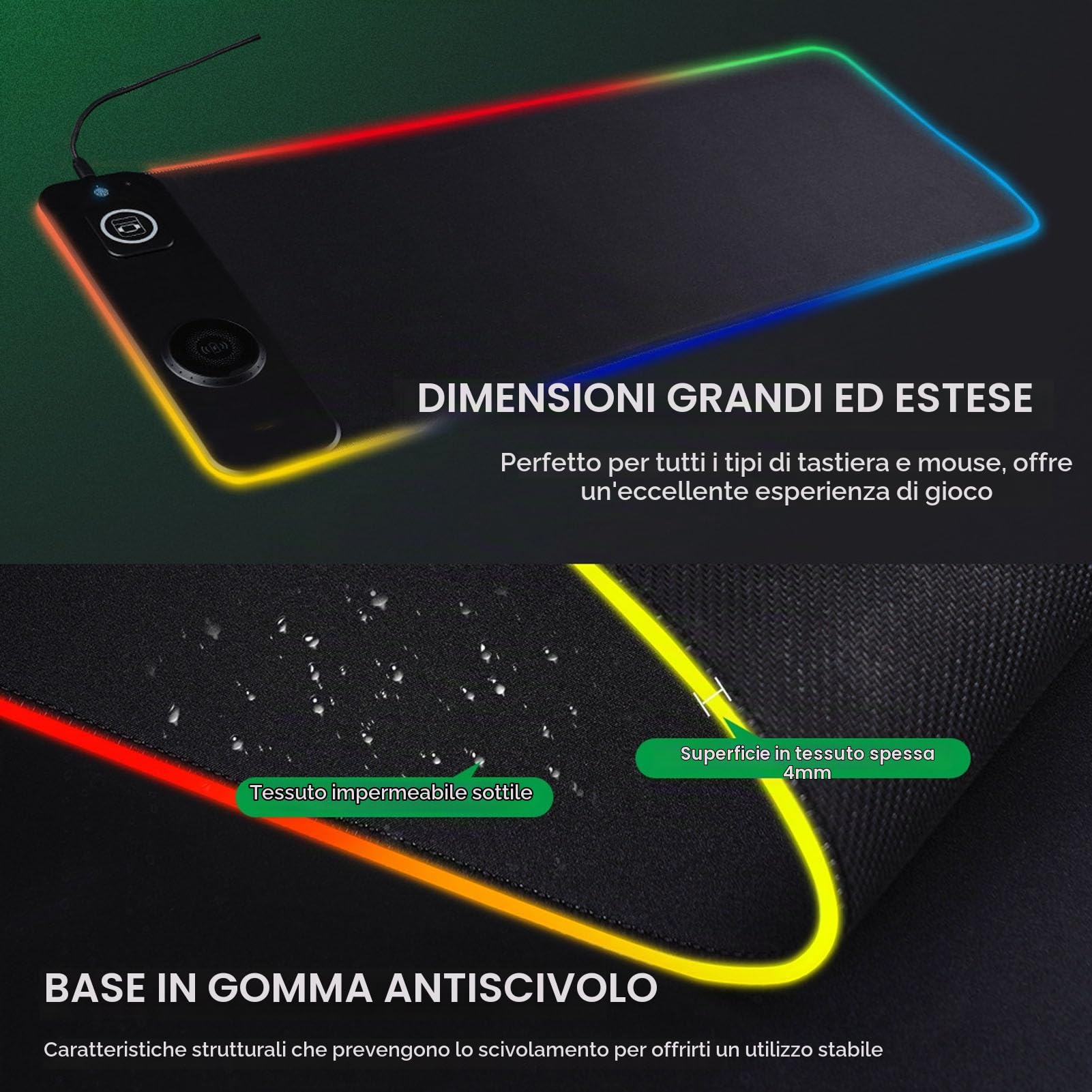 Tappetino Mouse Gaming RGB, Ricarica Wireless 15W Qi Veloce, Base in Gomma Antiscivolo, LED, per PC e Laptop