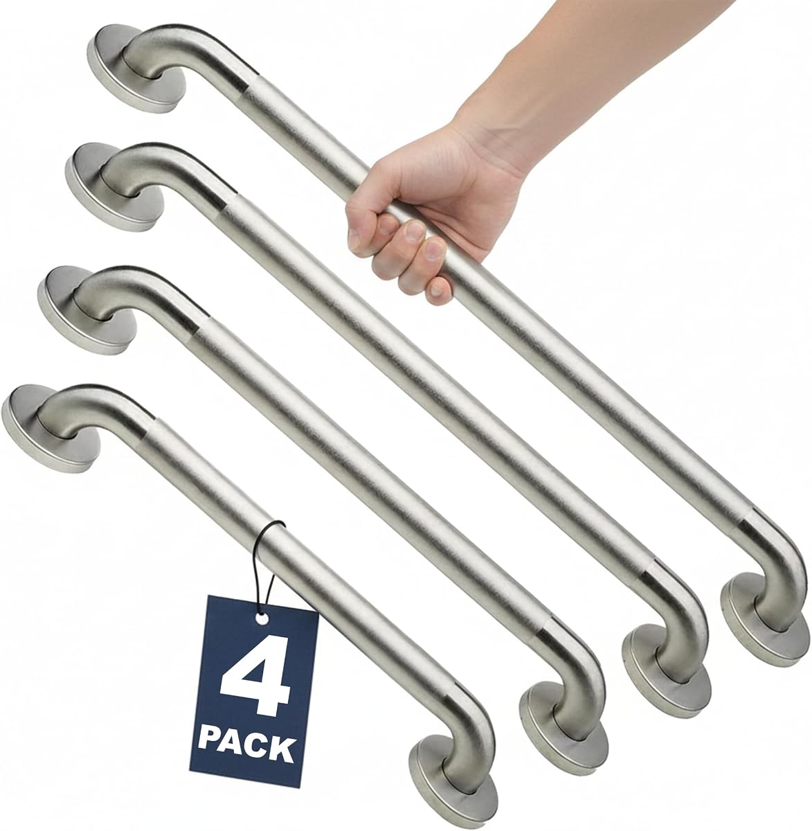 4-Pack Starter Bundle, 500 lb, 16/18/24/32 in, Brushed Stainless | Complete Bathroom Safety Starter Bundle, For Seniors, 1.25 in Diameter, 500 lb Rated, All-in-One Shower Safety Solution