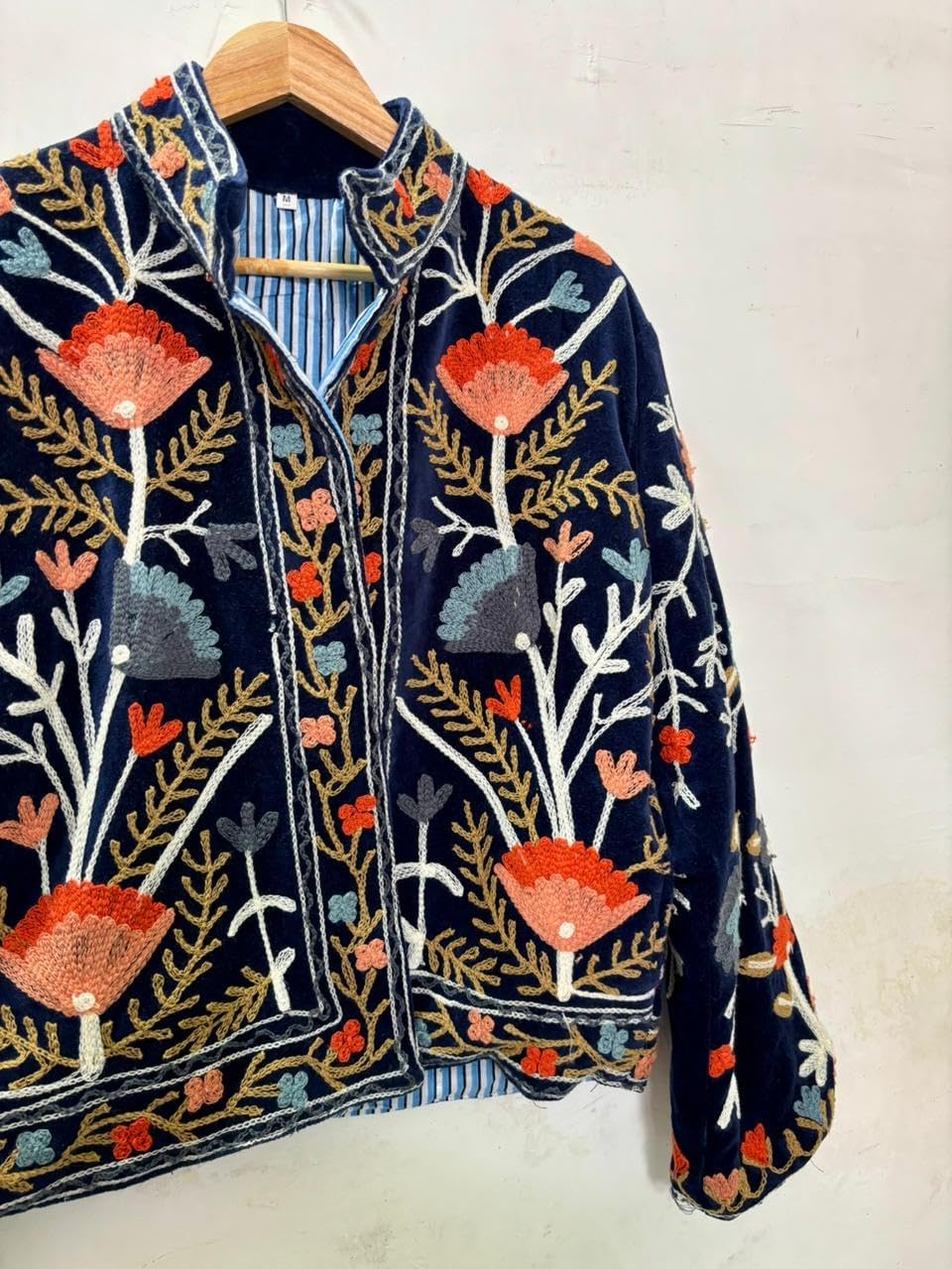 Embroidered Velvet Jacket, Navy Blue, Floral Design, Long Sleeve, Open Front, Striped Lining