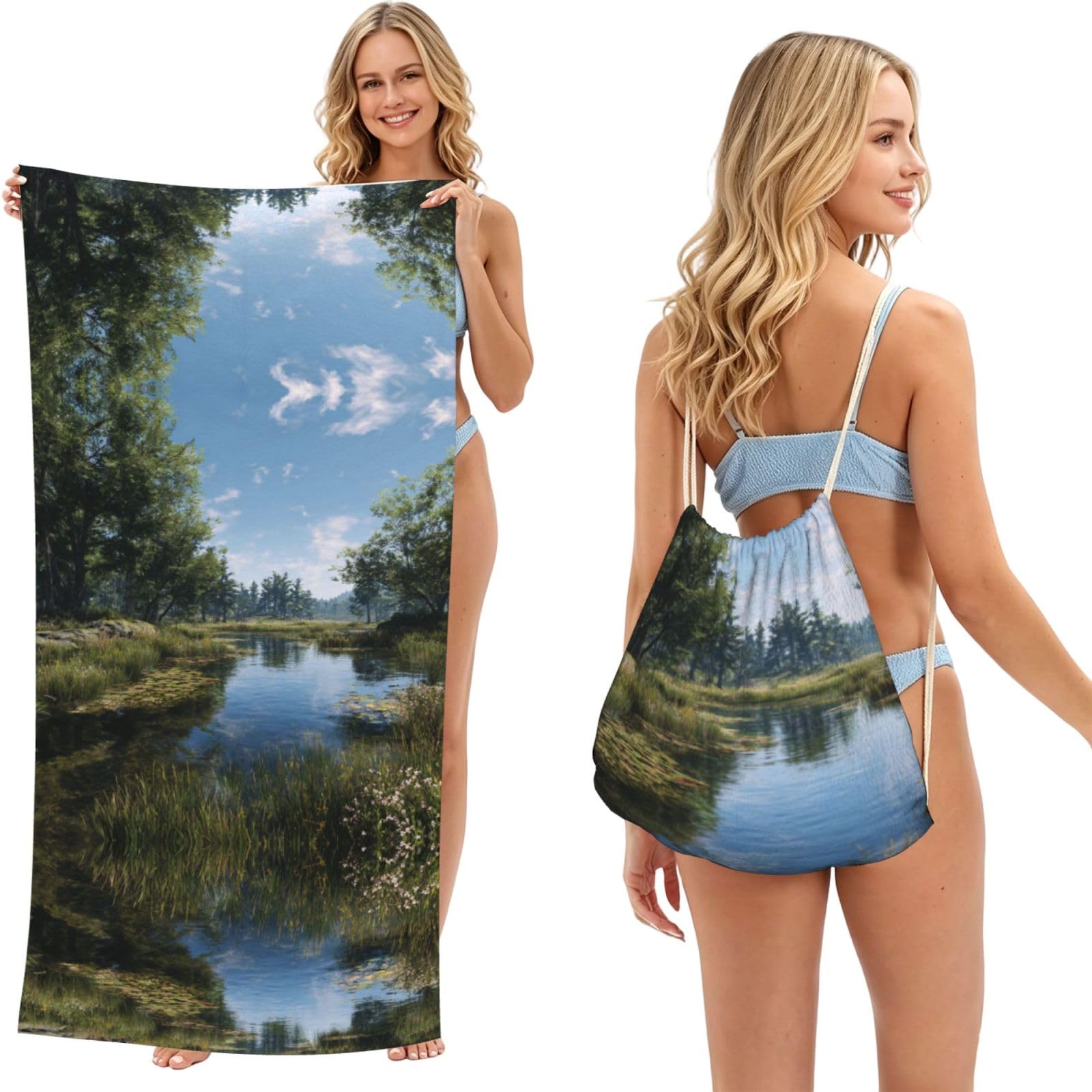 ESNAIUVCD Wetland Scenery Print Beach Towel For Adults,Towel With Drawstring Bag, Travel Pool Swimming Sports Shower Sand Free Quick Dry Bath Towel For Pool, Beach, Yoga- 180x60cm