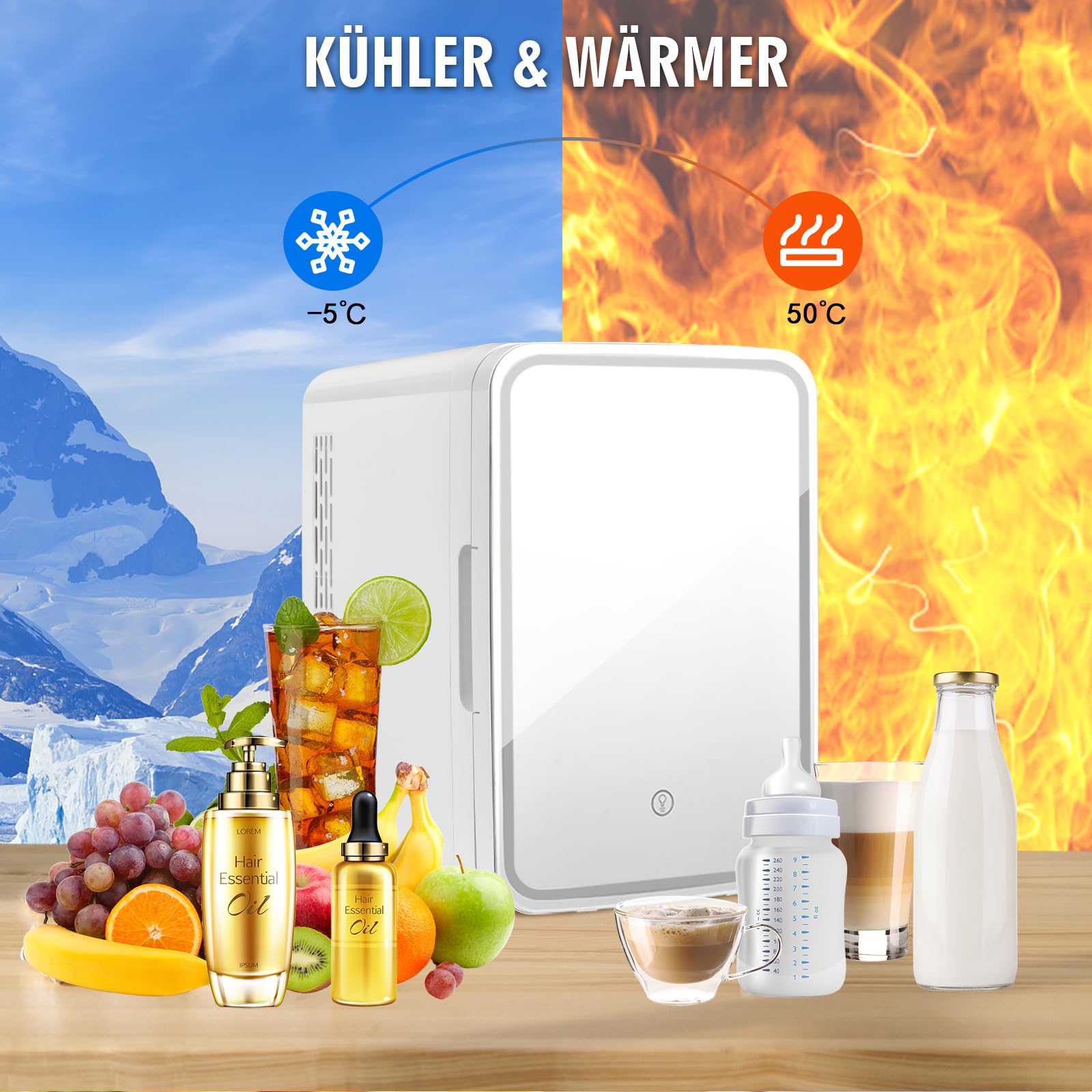 GOPLUS 2 in 1 Mini Kühlschrank mit LED Spiegel, 10 L AC/DC Fridge mit Kühl- & Heizfunktion & 3 Helligkeiten, Tragbarer Kühlschrank mit Abnehmbaren Ablagen für Skincare, Kosmetik & Getränke