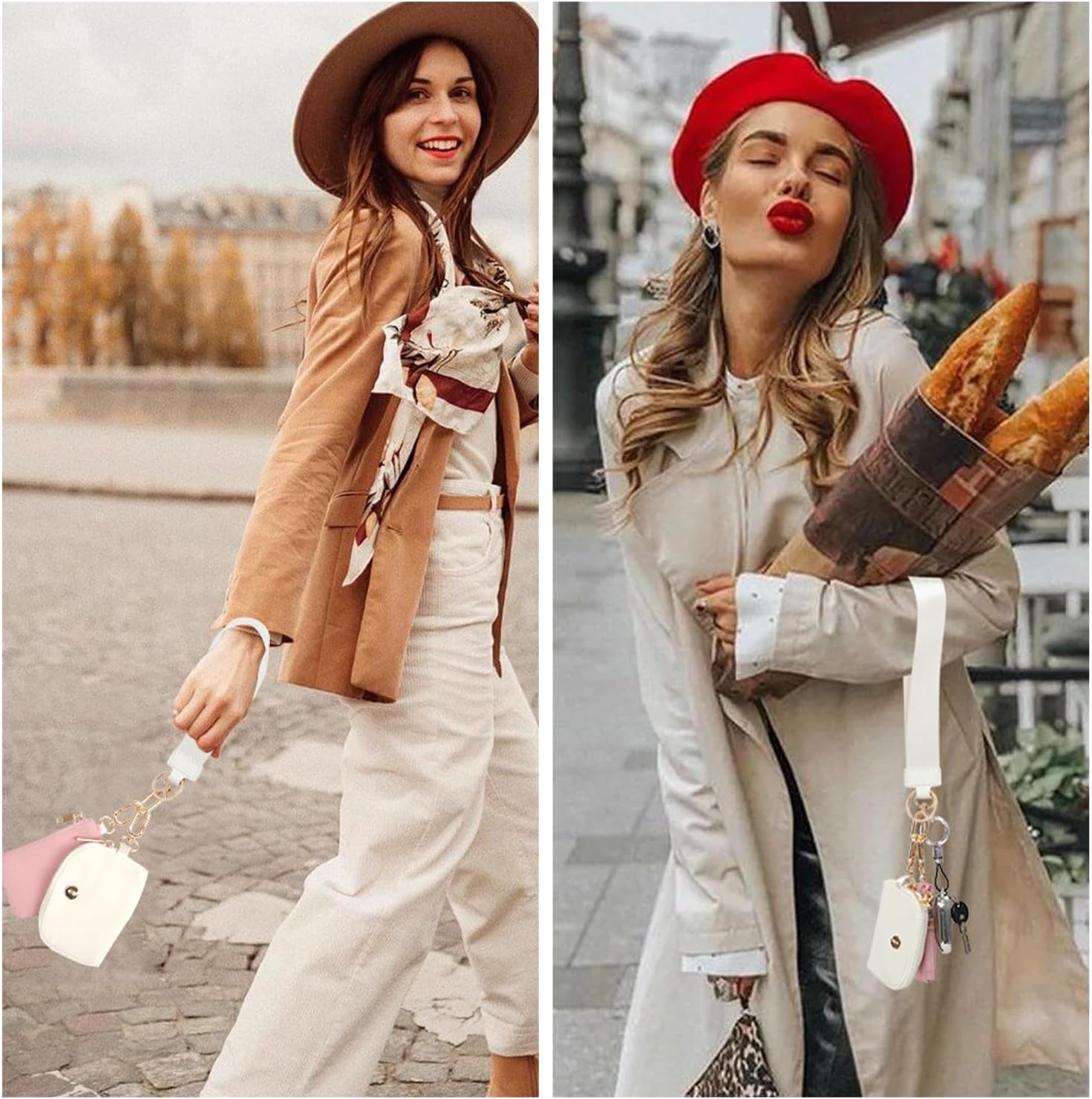 Dual Pouch Wristlet Keychain Wallet with 2 Wrist Straps - Small and Portable Mini Zipper Coin Purse Card Wallets for Women Men Gold Hardware Pink+Ivory - Image 5