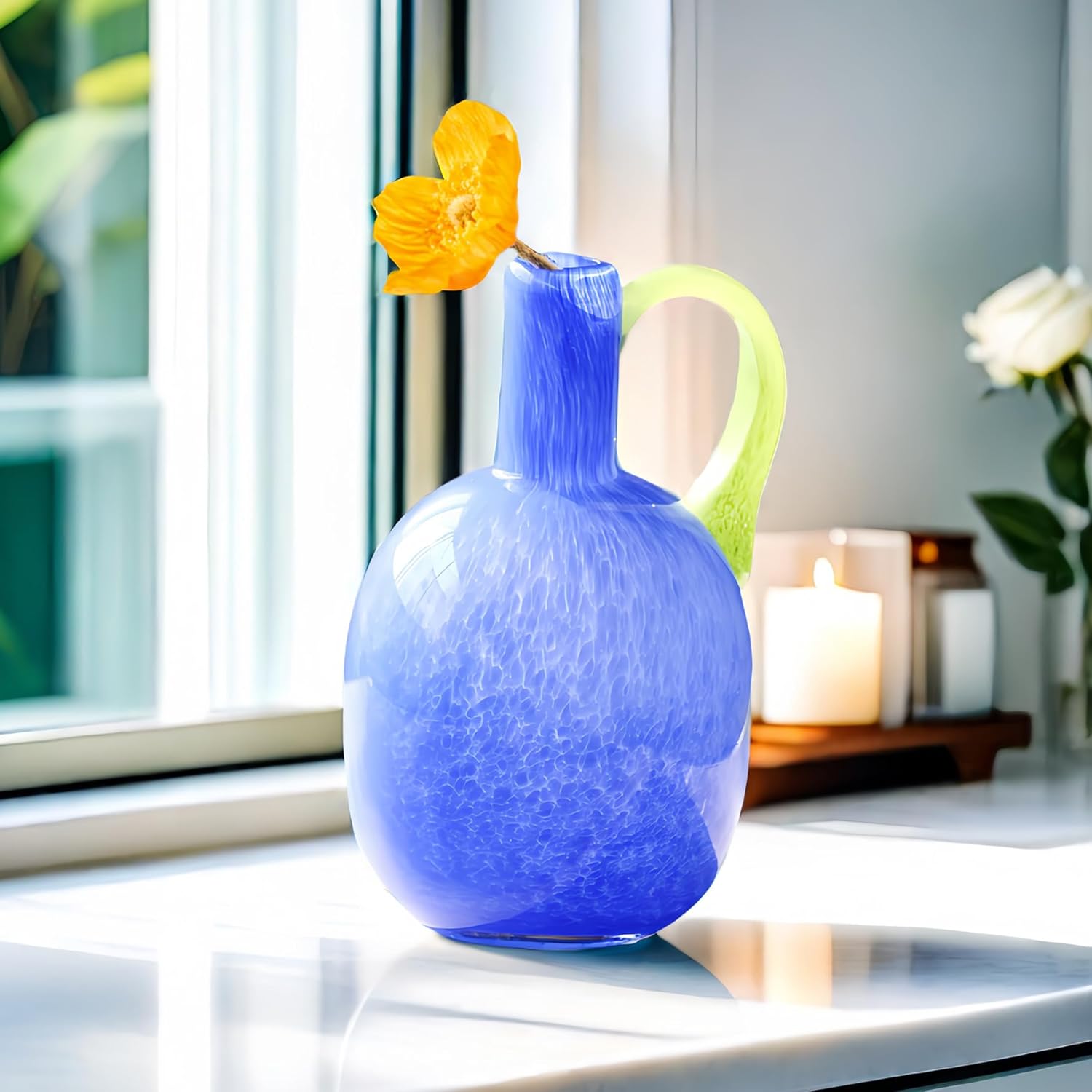 2.2lb Heavy Vase,Blue Glass Vase for Home Decor,Glass Flower for Decorations 8.5" H Unique Vases Centerpieces,Art Vases for Decor