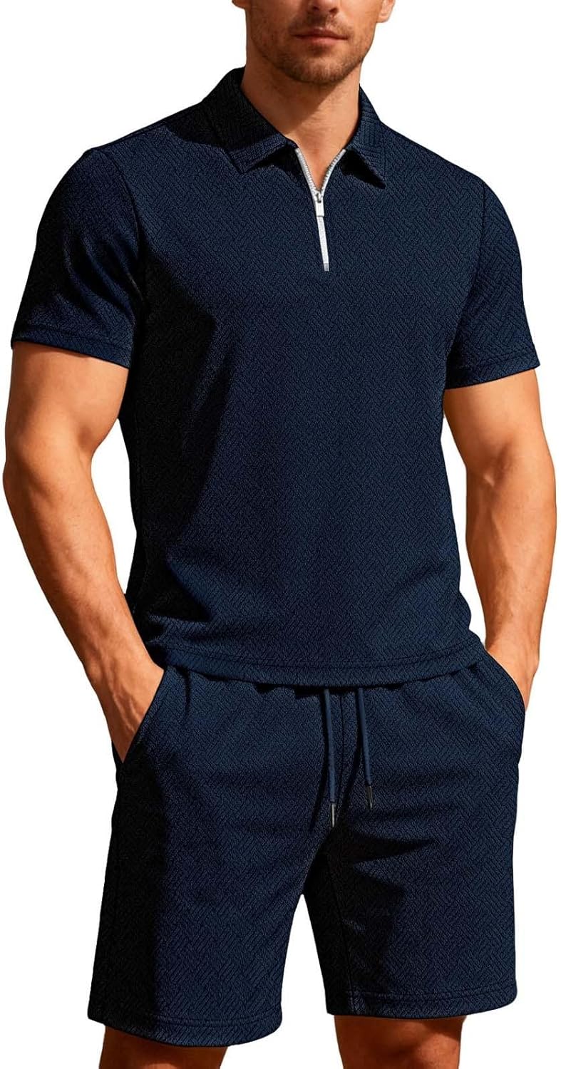 Men's Short Sleeve Half Zip Polo Shirts and Shorts Sets Summer 2 Piece Outfits Beach Vacation Sports Suits