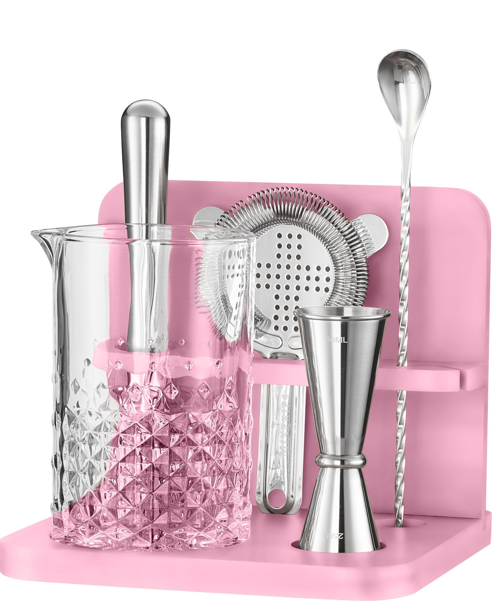 Crystal Cocktail Mixing Glass Set with Bamboo Stand - 22 Oz 650ml - Thick and Sturdy Bottom, Durable and Seamless Design with Bar Accessories, Pink