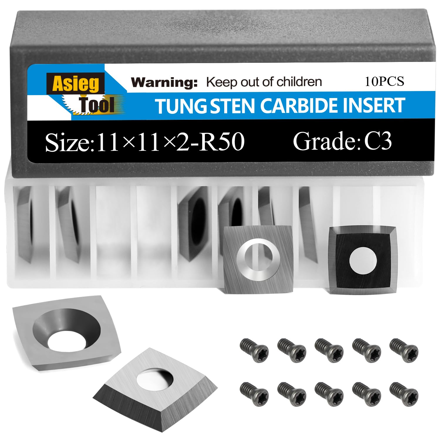 Asieg Tool 11x11x2.0mm-R50 Tungsten Carbide Cutter Inserts Knives Replacement Blades 2 inches Radius edge with Screws for Woodworking Fits Spiral