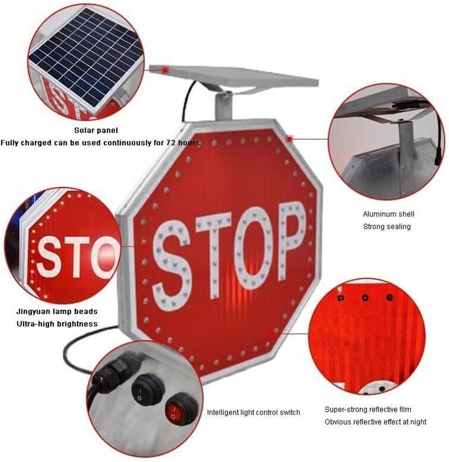 Señal de stop con LED intermitente y energía solar Película reflectante de grado industrial Señal reflectante de advertencia de tráfico vial