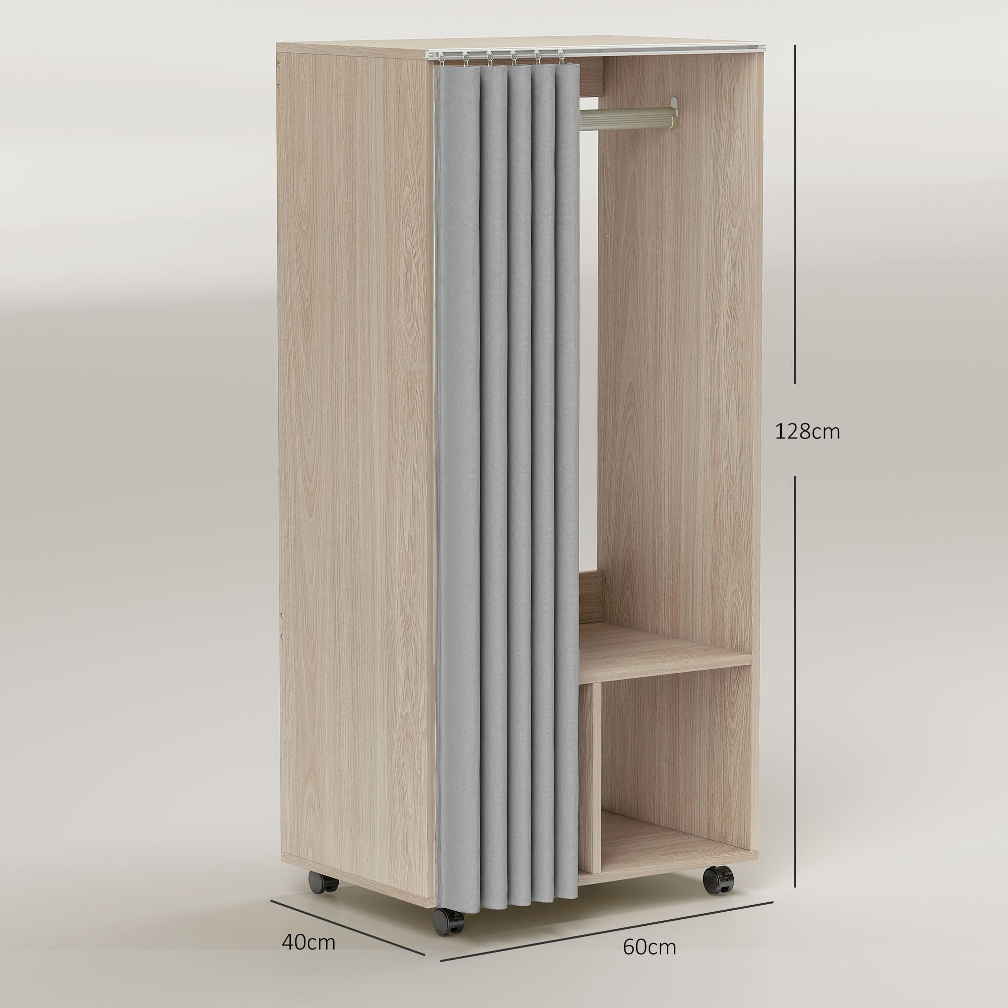 HOMCOM Armoire penderie mobile dressing avec rideau armoire de rangement 4 roulettes avec tringle de suspension et étagères, penderie vêtement roulant pour chambre, 60 x 40 x 128 cm effet bois naturel
