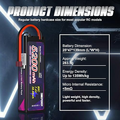 Miniatura 3 de Batería Lipo de 7.4V 2S 5200mAh 80C Lipos Estuche rígido con conector T para coches RC camiones 18 110 vehículos RC (2 paquetes)